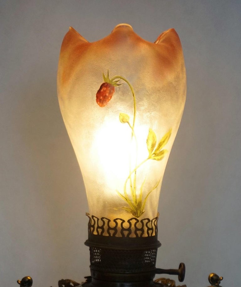 Bradley & Hubbard Kerosine Lamp with Hand Painted Hurricane Glass, Electrified For Sale 6
