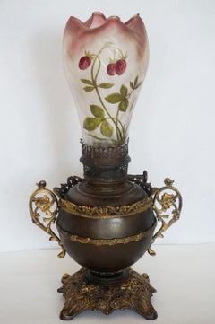Bradley & Hubbard Kerosine Lamp with Hand Painted Hurricane Glass, Electrified