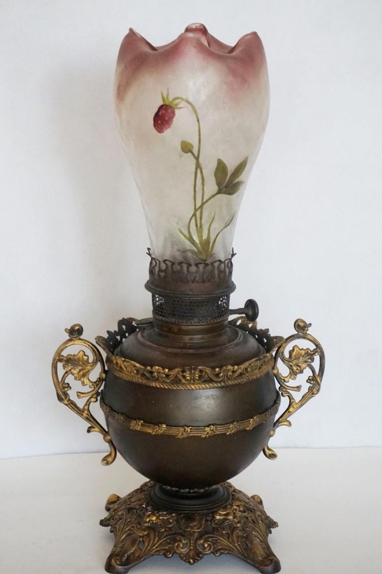 Victorian Bradley & Hubbard Kerosine Lamp with Hand Painted Hurricane Glass, Electrified For Sale