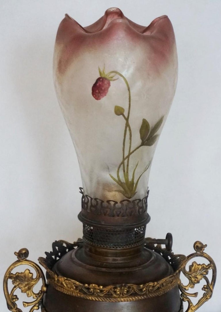 Bradley & Hubbard Kerosine Lamp with Hand Painted Hurricane Glass, Electrified For Sale 1