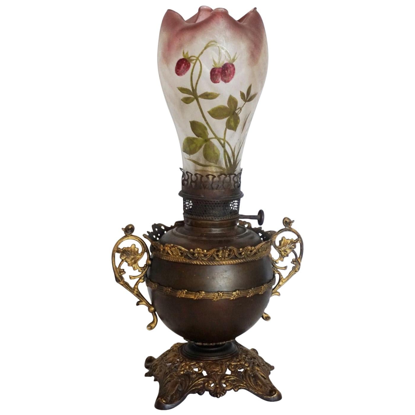 Bradley & Hubbard Kerosine Lamp with Hand Painted Hurricane Glass, Electrified