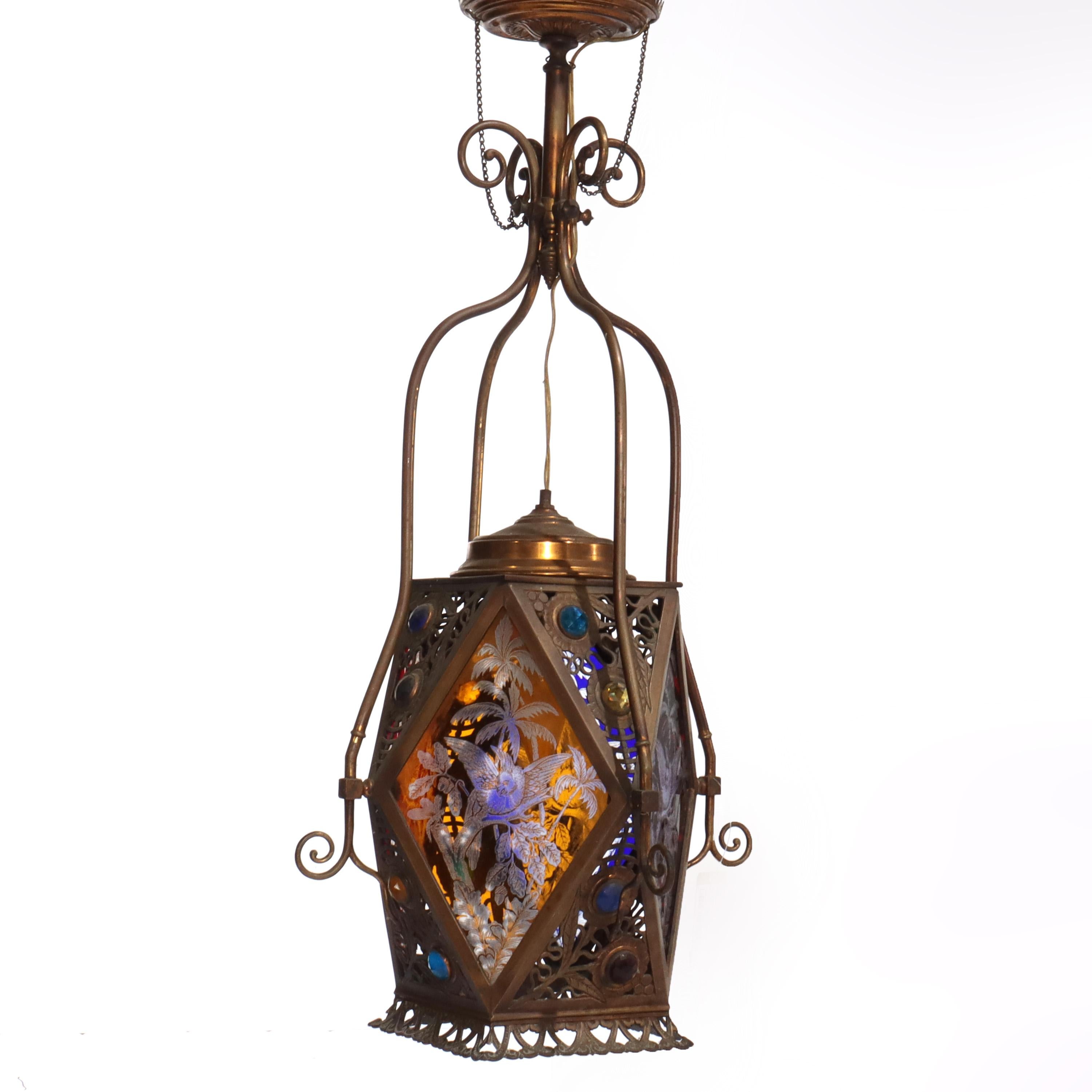 Bradley & Hubbard or Charles Parker Aesthetic Figural Etched Glass Pendant Light For Sale 7