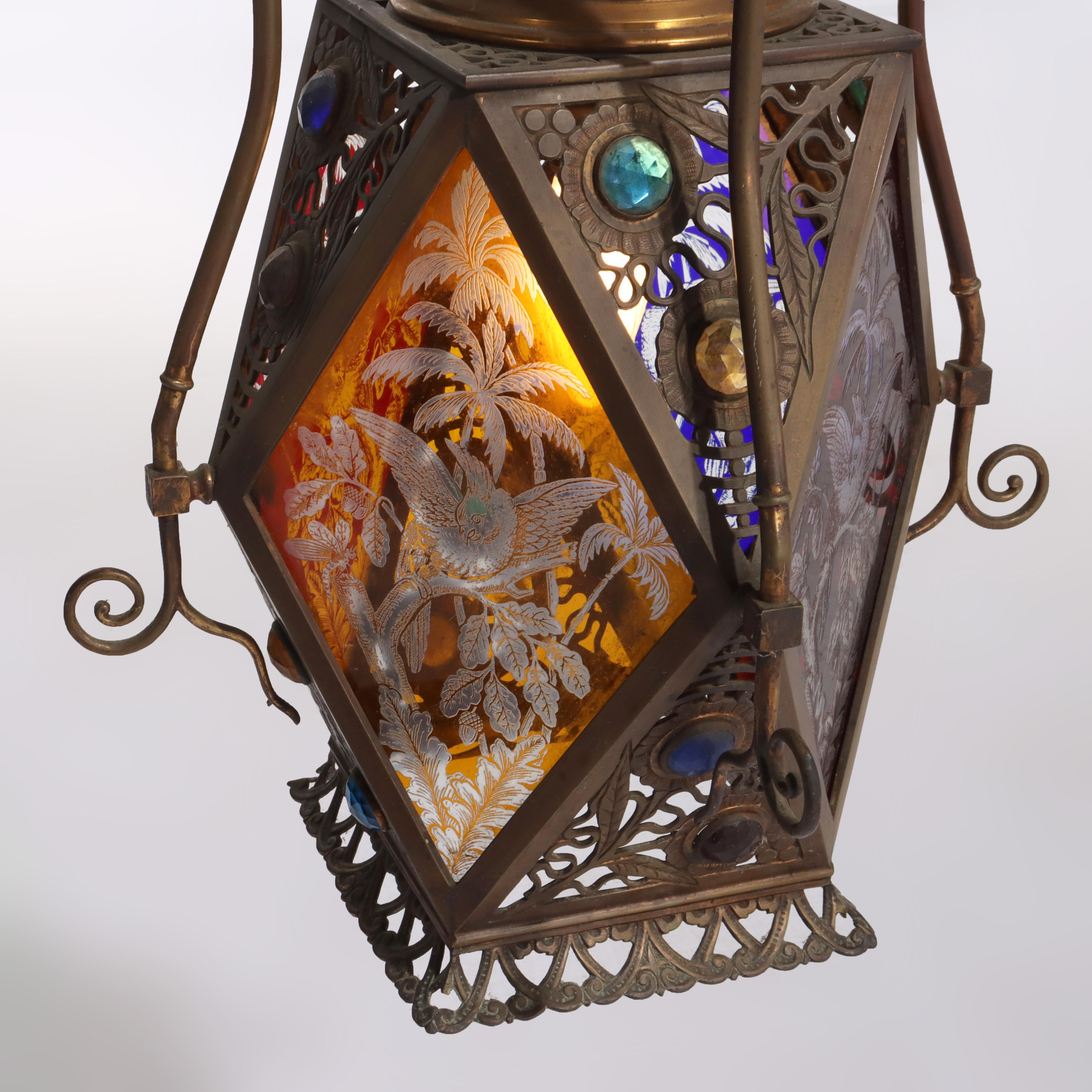Bradley & Hubbard or Charles Parker Aesthetic Figural Etched Glass Pendant Light For Sale 12