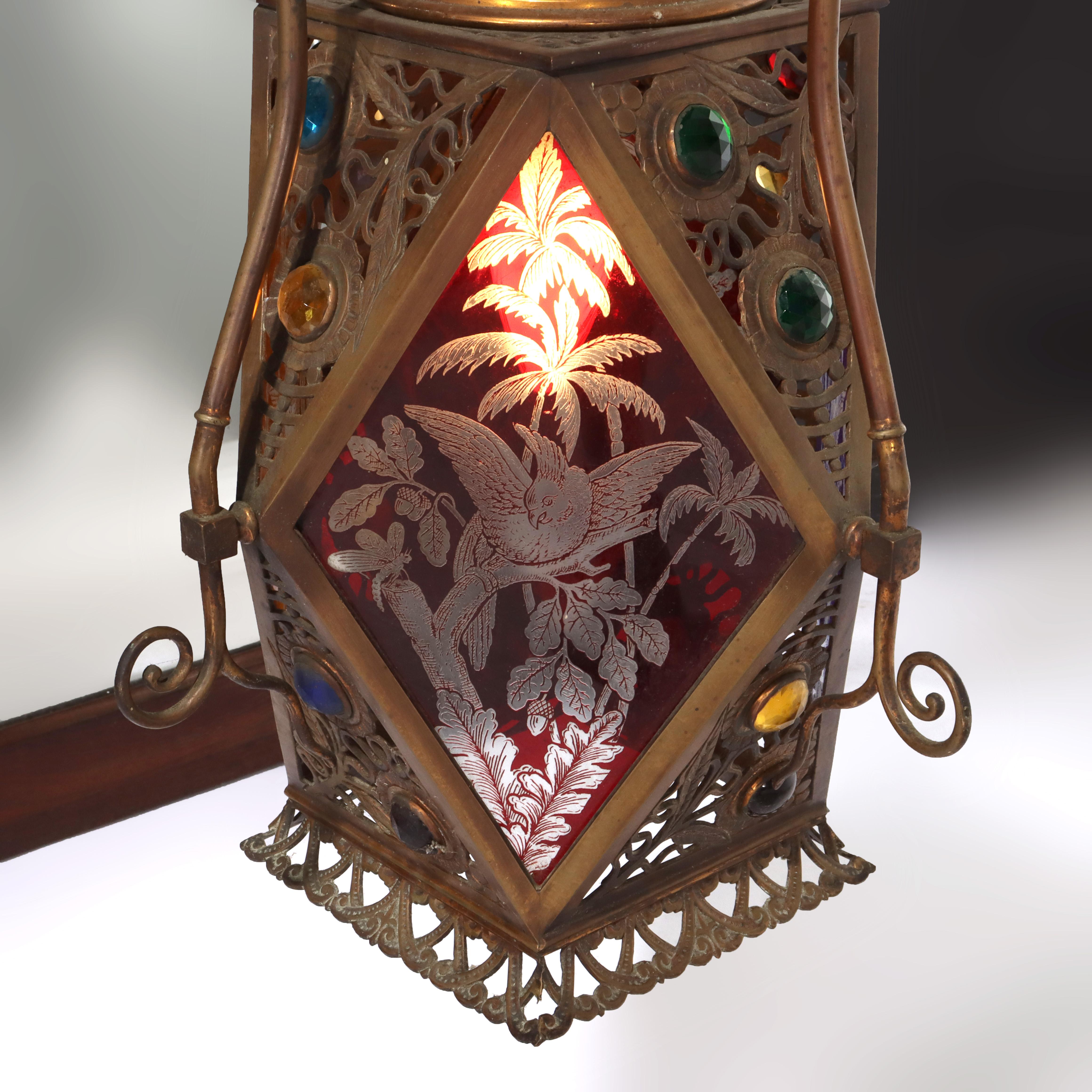 Antique Bradley & Hubbard or Charles Parker (attributed) Aesthetic Figural Etched Glass Panel & Jeweled Brass Pendant Lamp C1880
Measures - 52 3/4