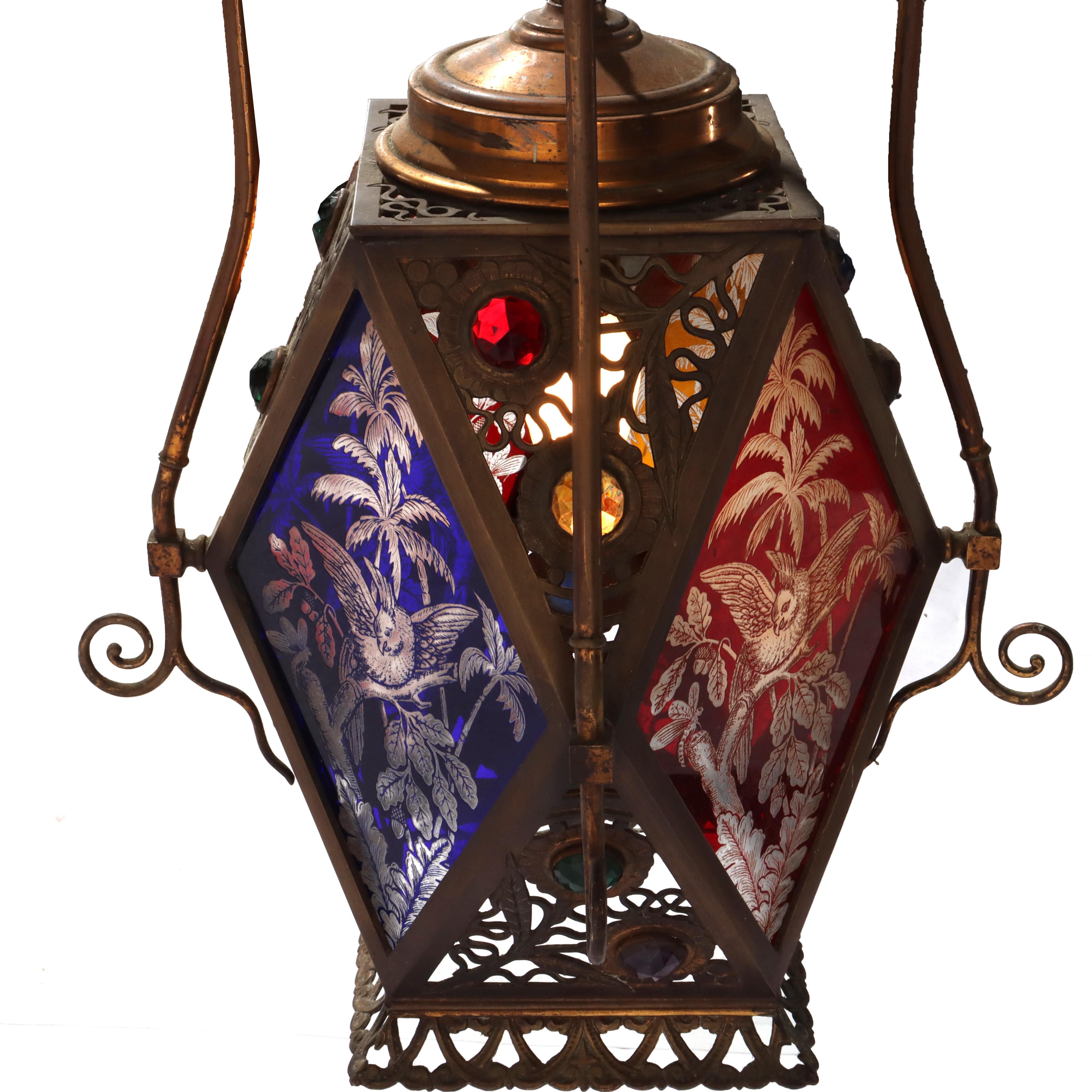 Bradley & Hubbard or Charles Parker Aesthetic Figural Etched Glass Pendant Light For Sale 15
