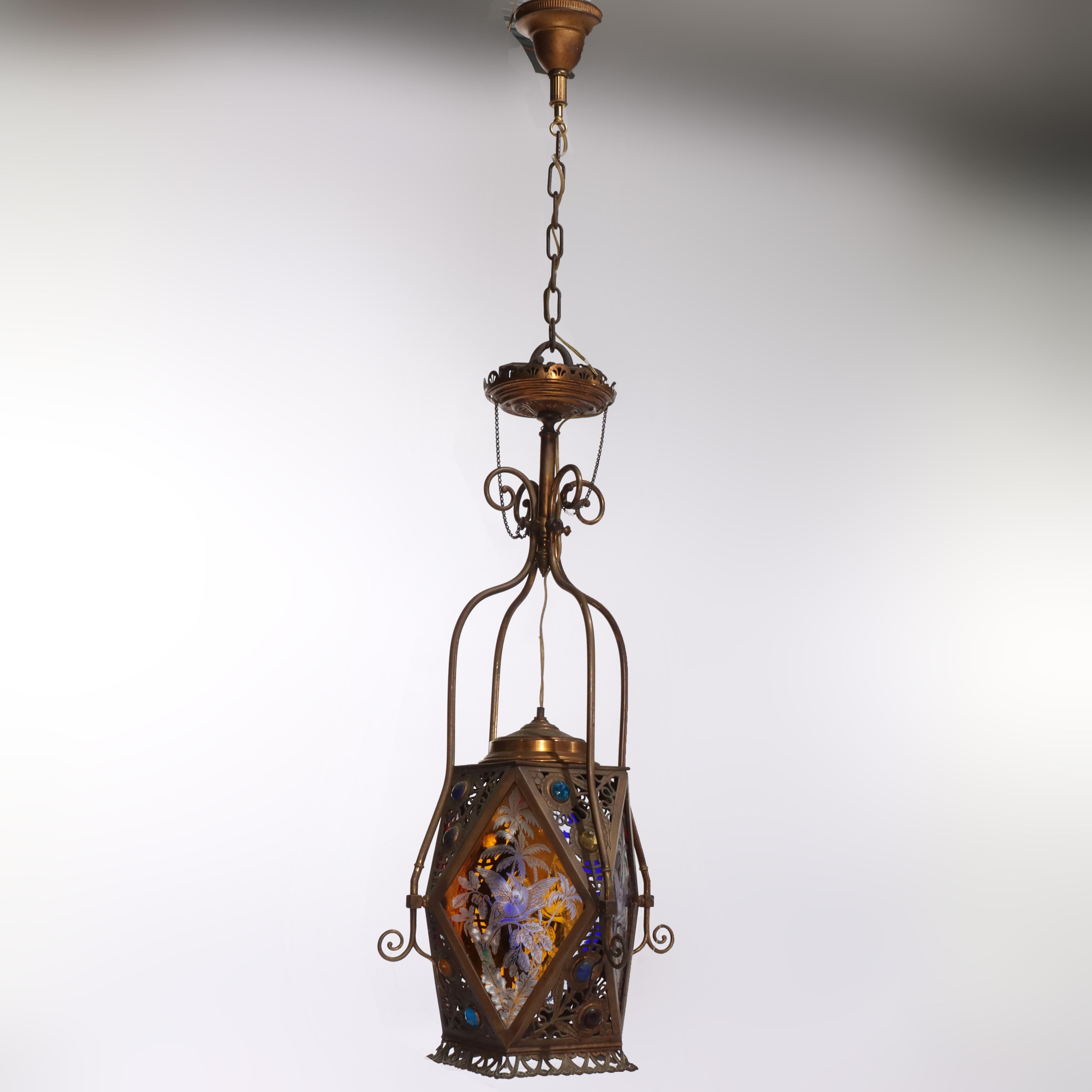 Bradley & Hubbard or Charles Parker Aesthetic Figural Etched Glass Pendant Light For Sale 20