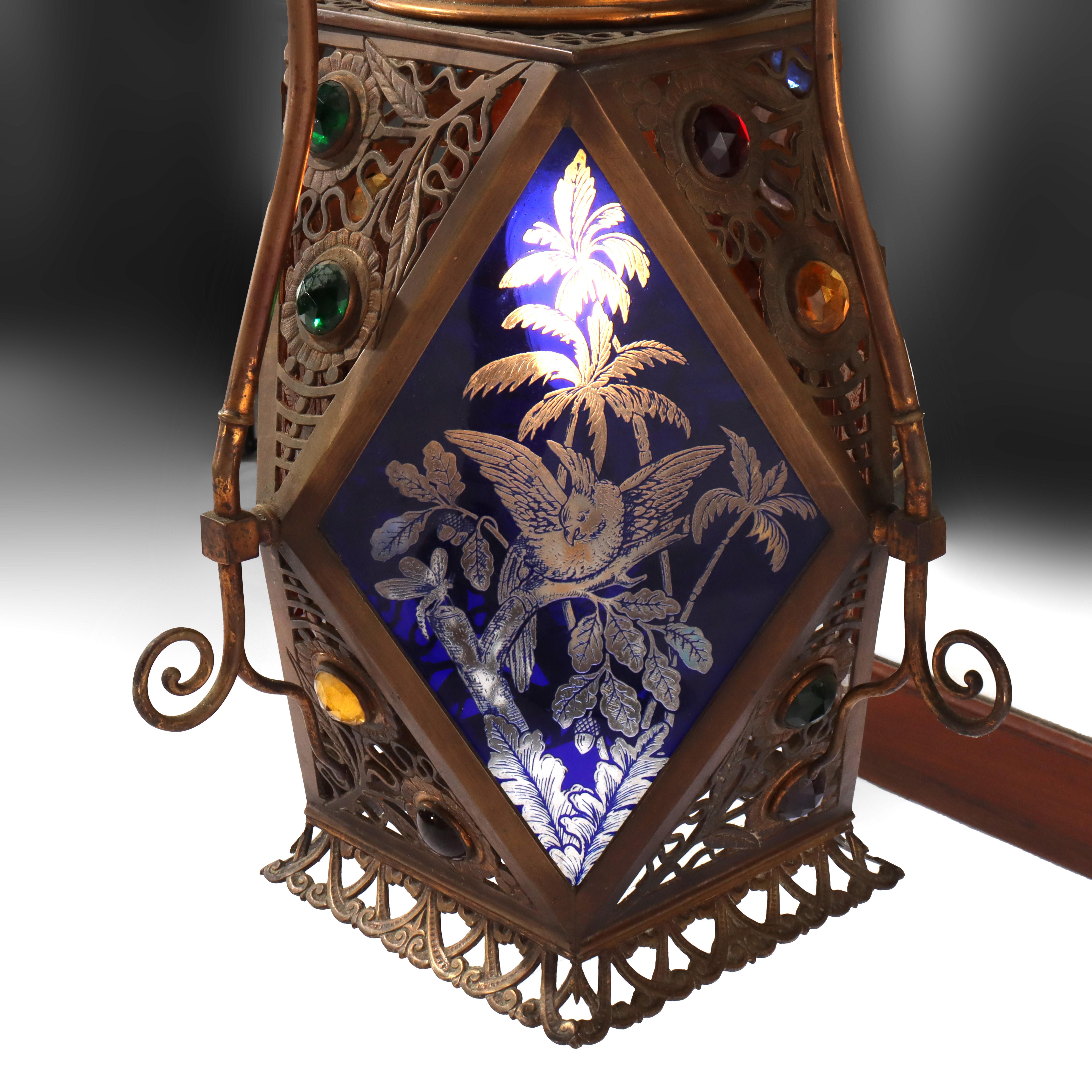 American Bradley & Hubbard or Charles Parker Aesthetic Figural Etched Glass Pendant Light For Sale