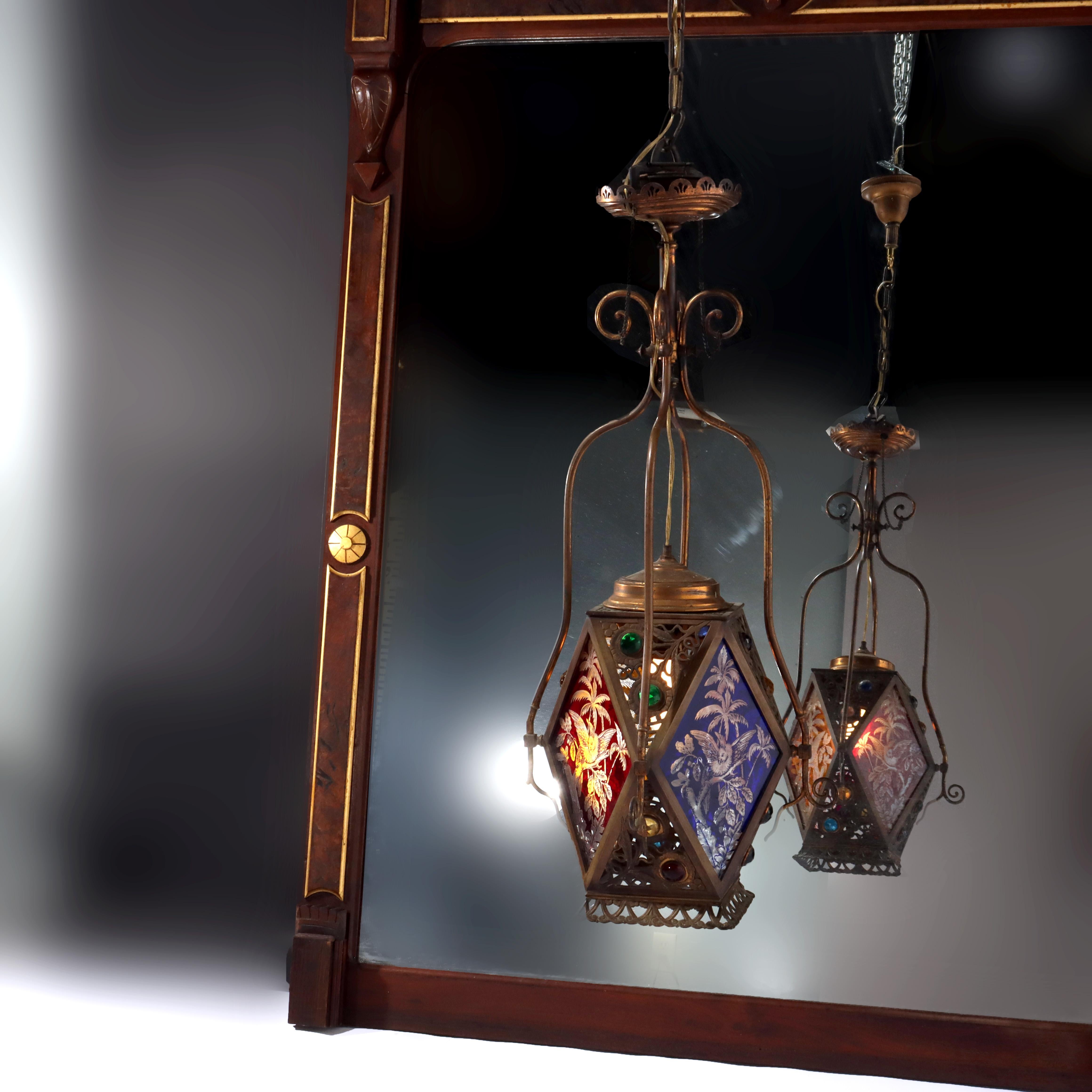 20th Century Bradley & Hubbard or Charles Parker Aesthetic Figural Etched Glass Pendant Light For Sale