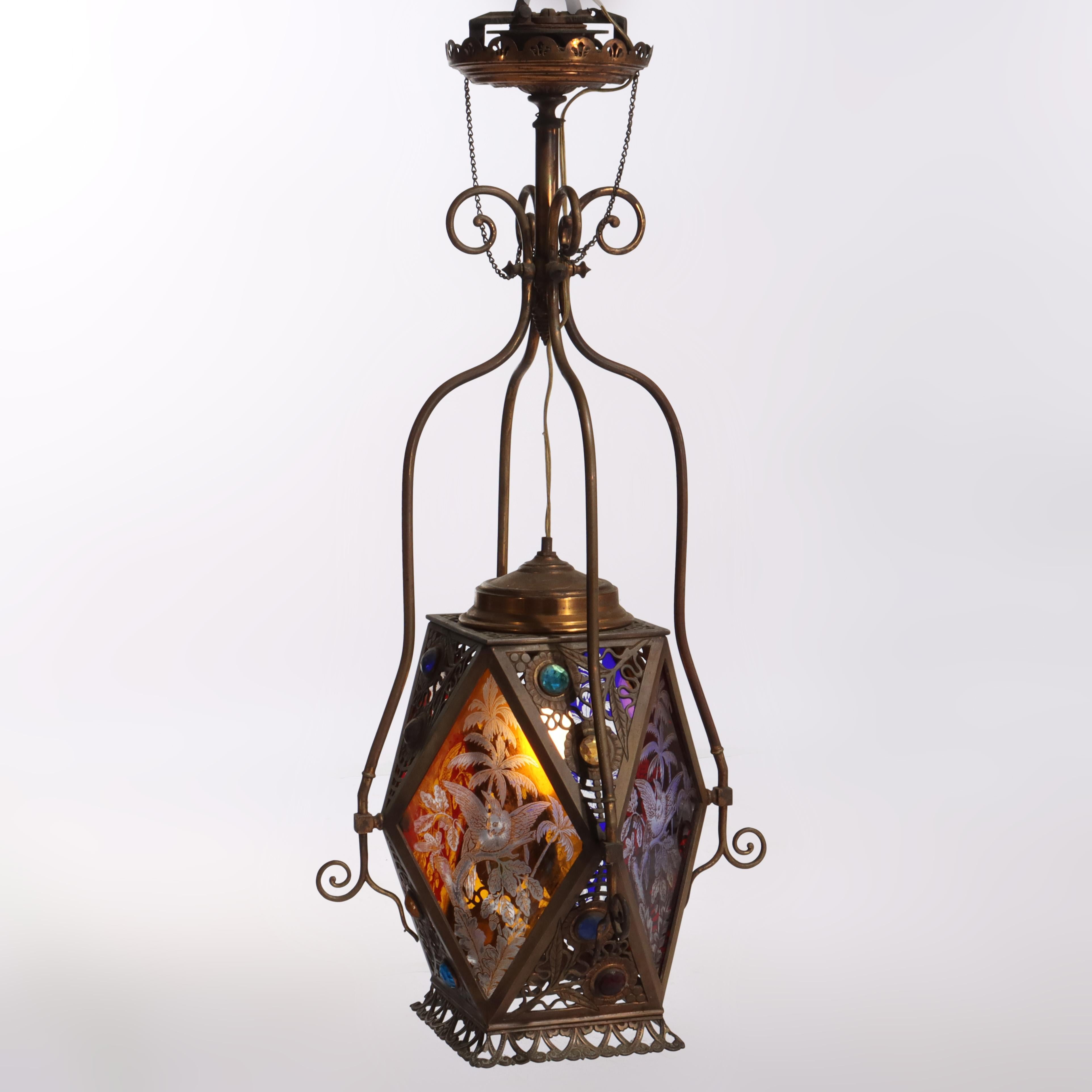Bradley & Hubbard or Charles Parker Aesthetic Figural Etched Glass Pendant Light For Sale 1