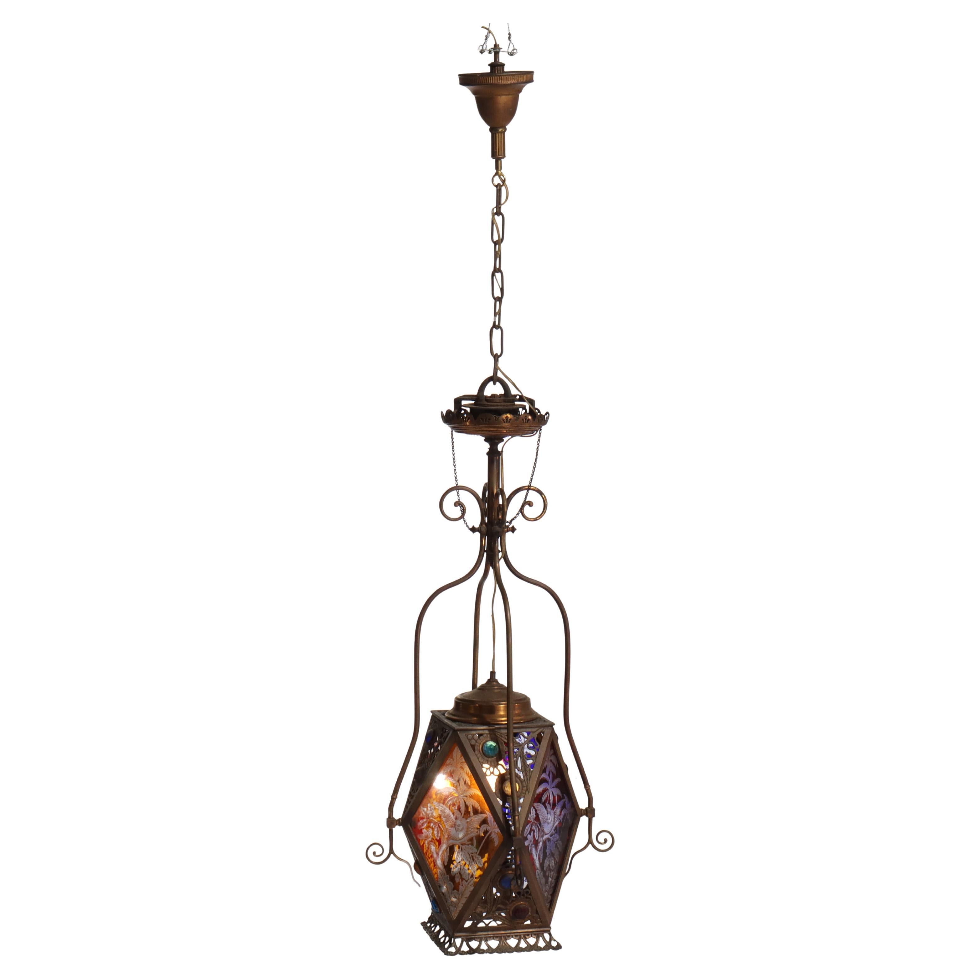 Bradley & Hubbard or Charles Parker Aesthetic Figural Etched Glass Pendant Light For Sale