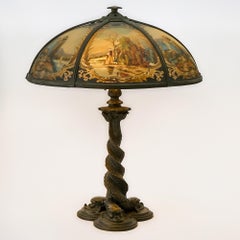 Bradley & Hubbard Reverse-Painted Glass and Patinated Metal Scenic Table Lamp