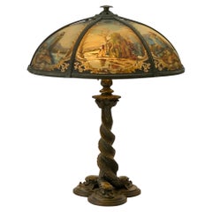 Bradley & Hubbard Reverse-Painted Glass and Patinated Metal Scenic Table Lamp