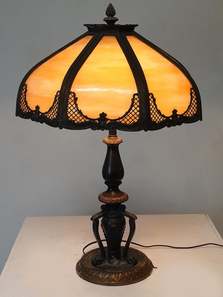 Art Nouveau Bradley & Hubbard School Slag Glass Table Lamp For Sale