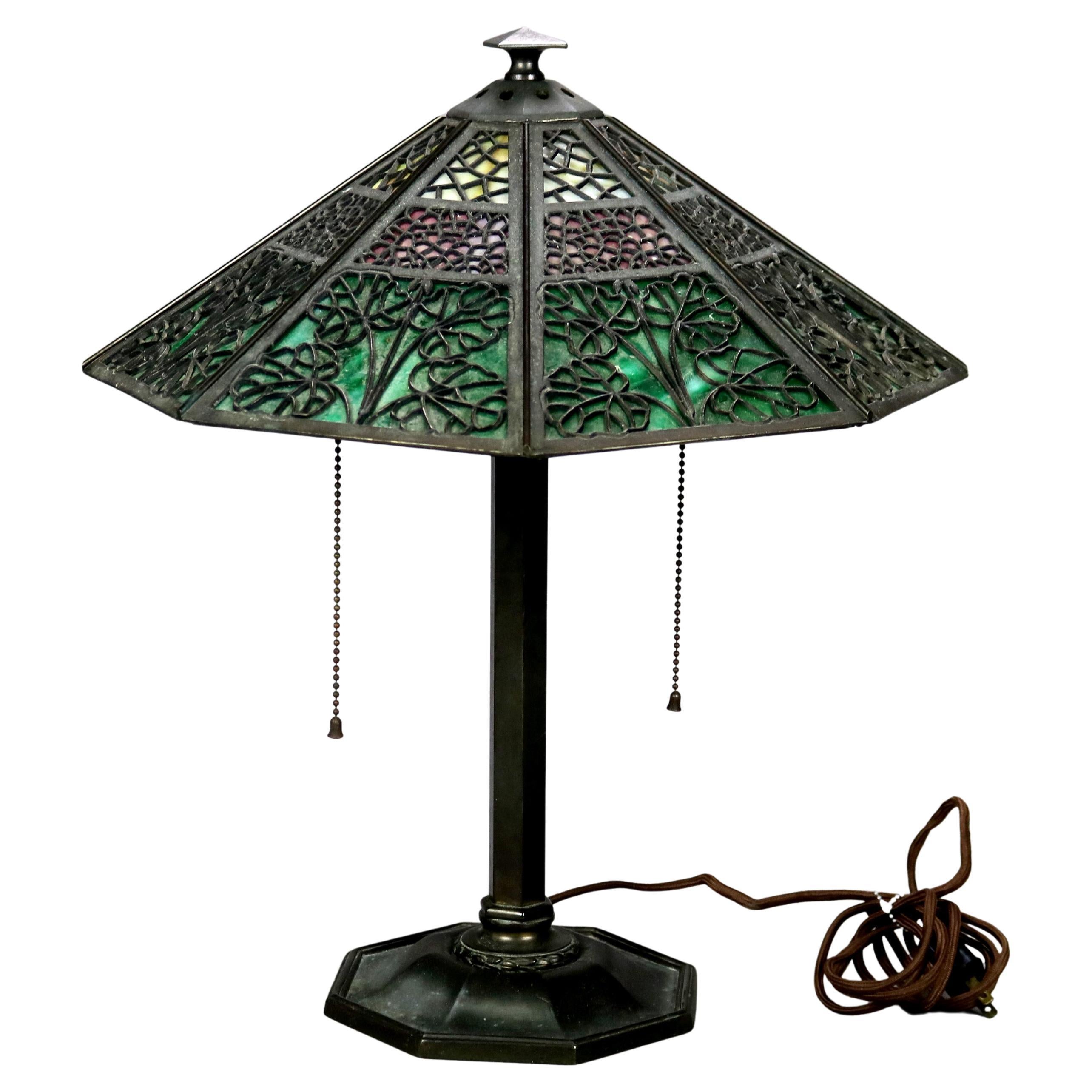 Bradley 
Hubbard Signed Arts 
Crafts 3-Tone Slag Glass Table Lamp c1920