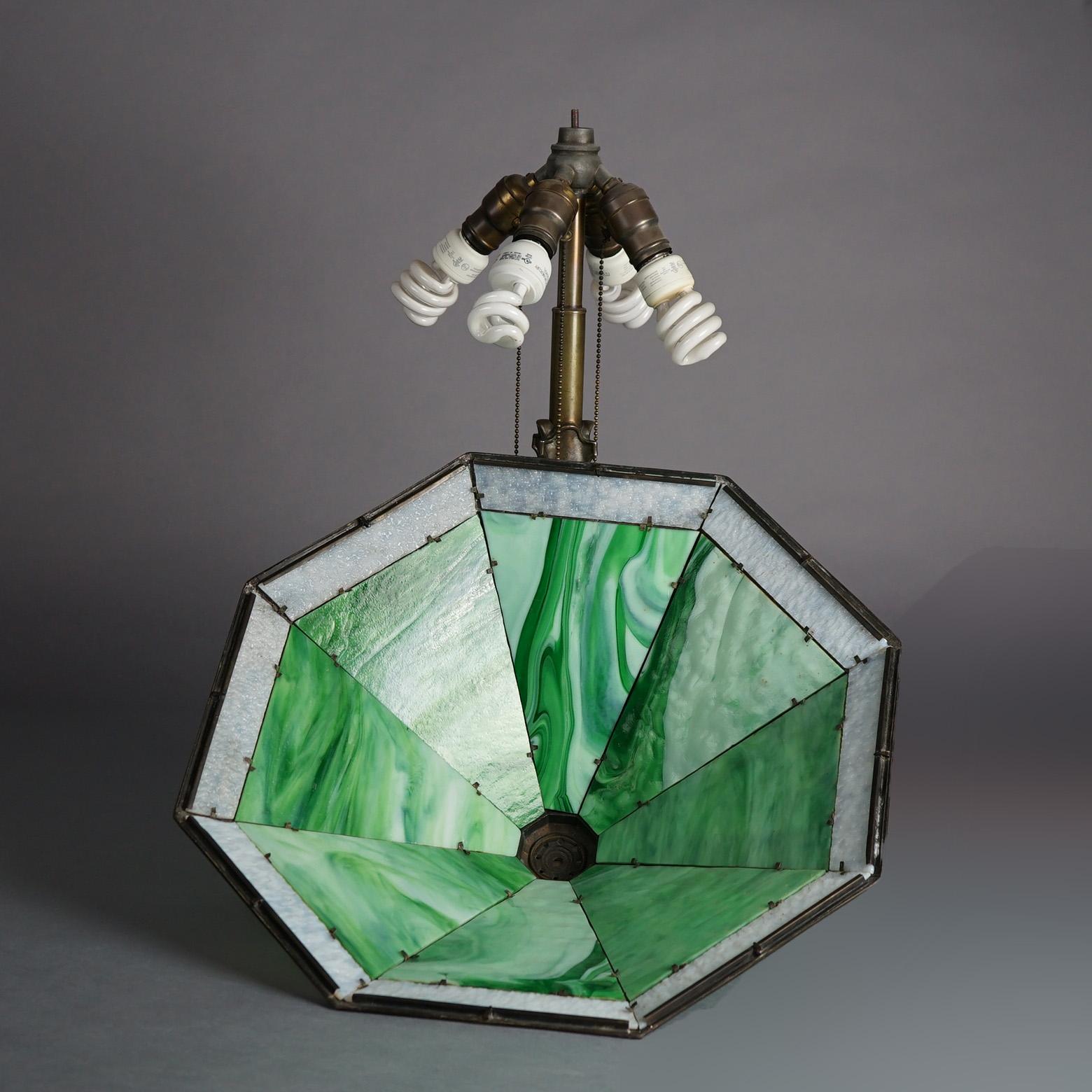 Bradley & Hubbard Signed Arts & Crafts Slag Glass 4-Light Panel Lamp C1920 8