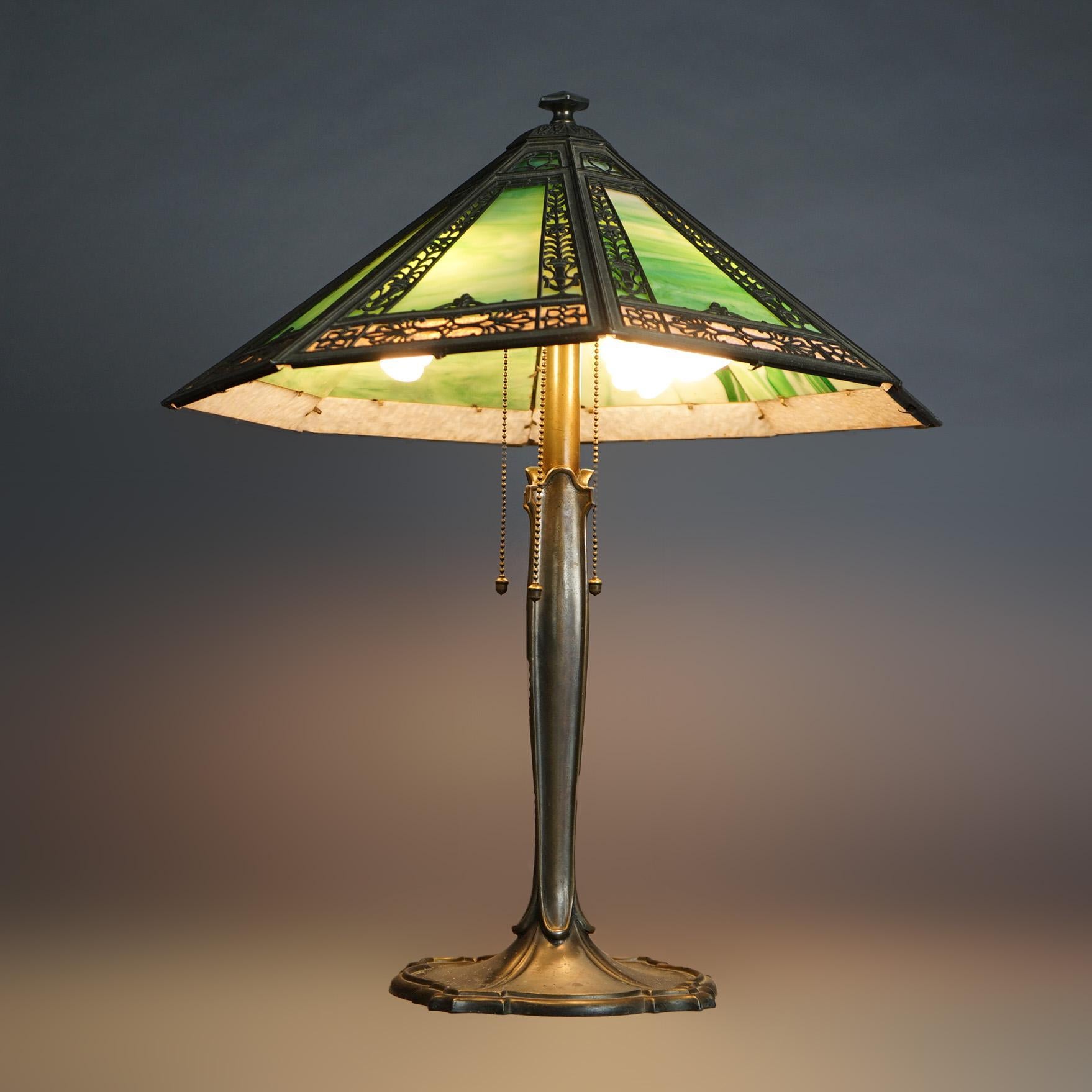 Bradley & Hubbard Signed Arts & Crafts Slag Glass 4-Light Panel Lamp C1920

Measures- 23''H x 19''W x 19''D