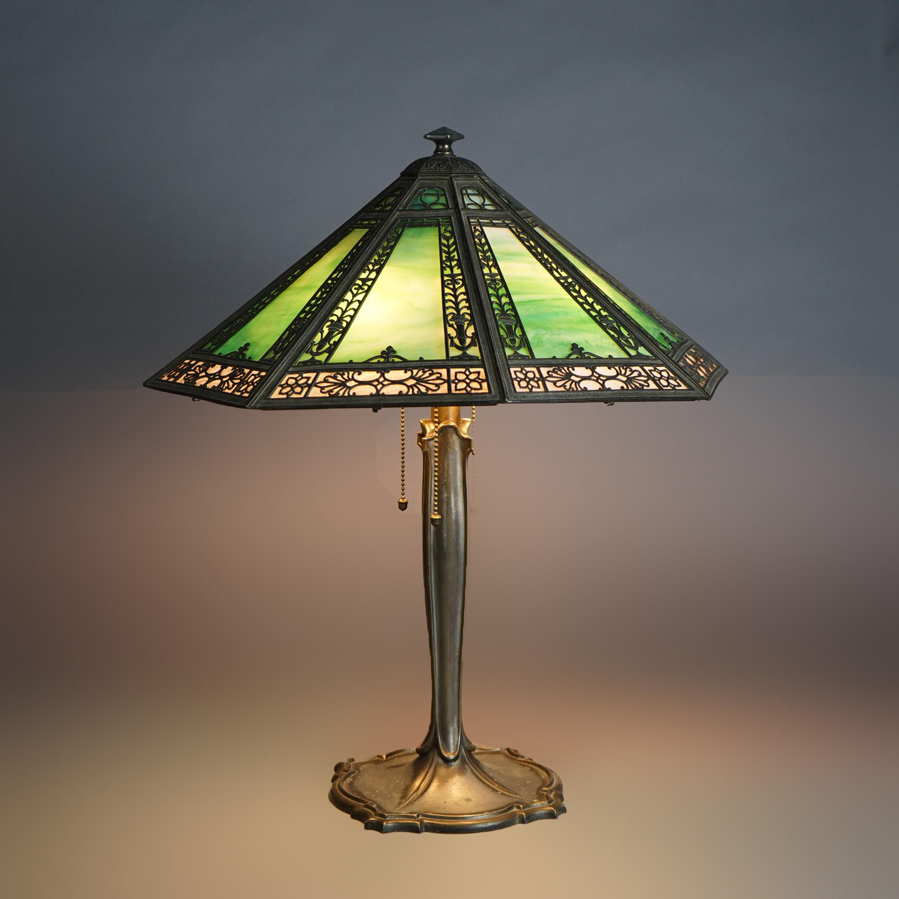Arts and Crafts Bradley & Hubbard Signed Arts & Crafts Slag Glass 4-Light Panel Lamp C1920 For Sale