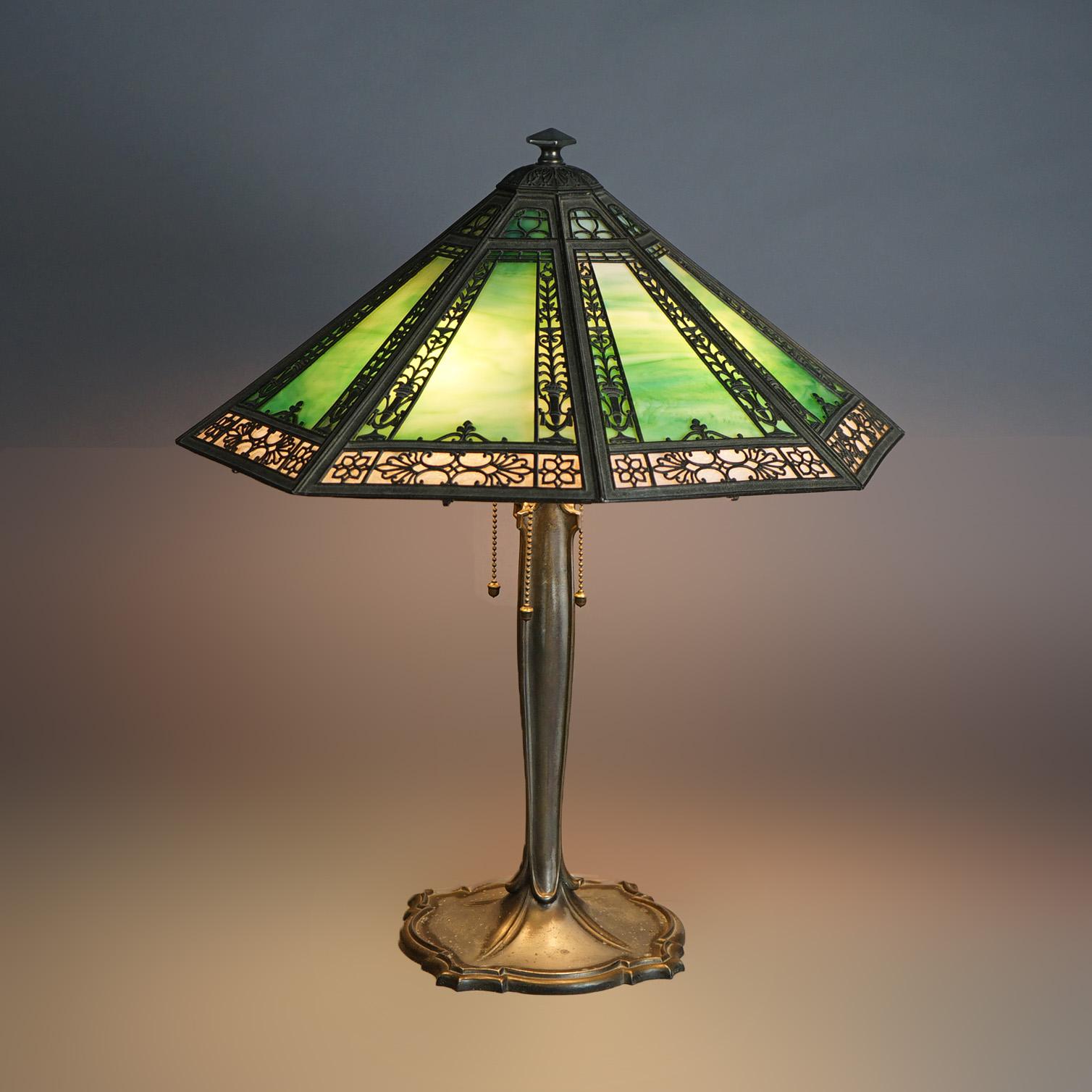 American Bradley & Hubbard Signed Arts & Crafts Slag Glass 4-Light Panel Lamp C1920 For Sale