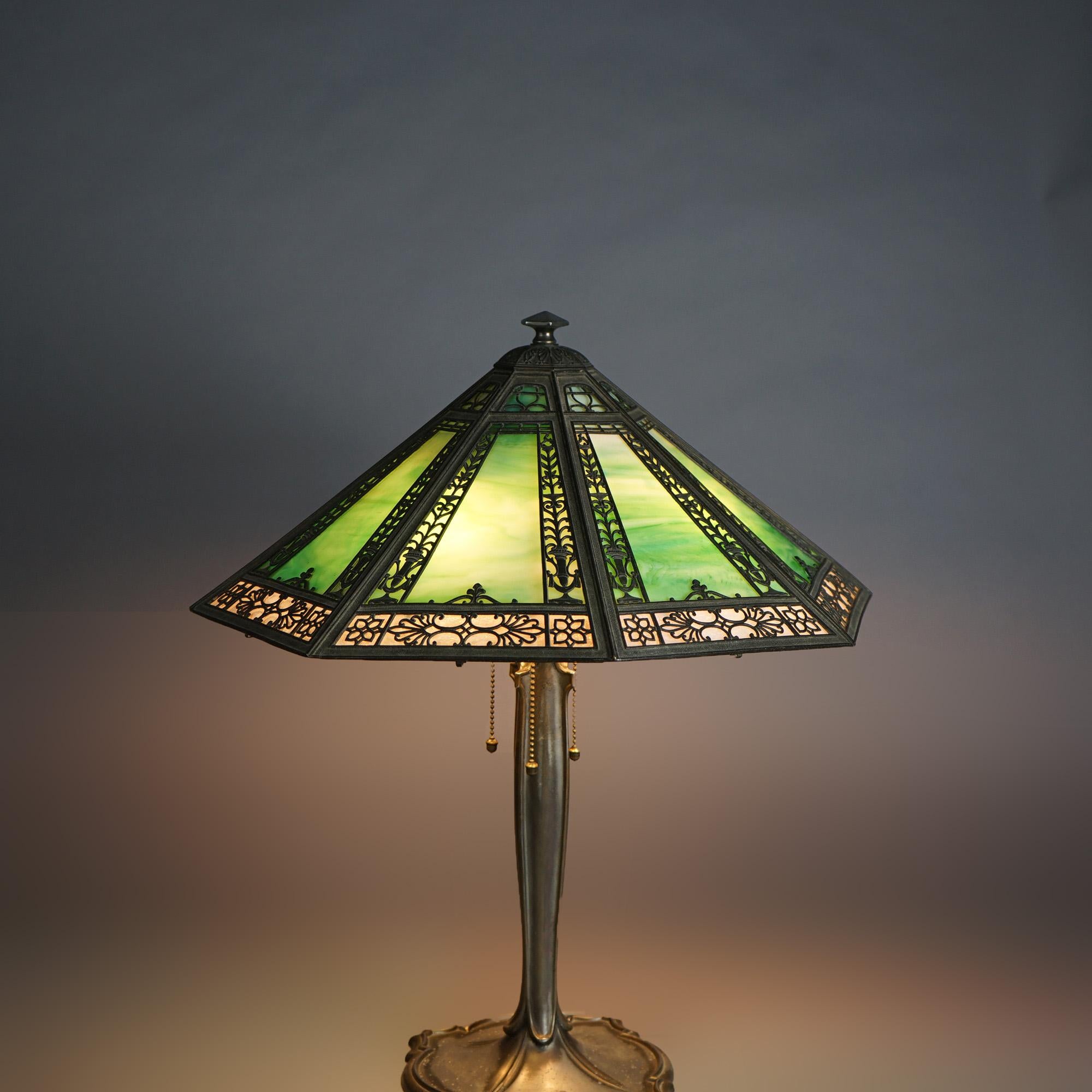 Bradley & Hubbard Signed Arts & Crafts Slag Glass 4-Light Panel Lamp C1920 In Good Condition For Sale In Big Flats, NY
