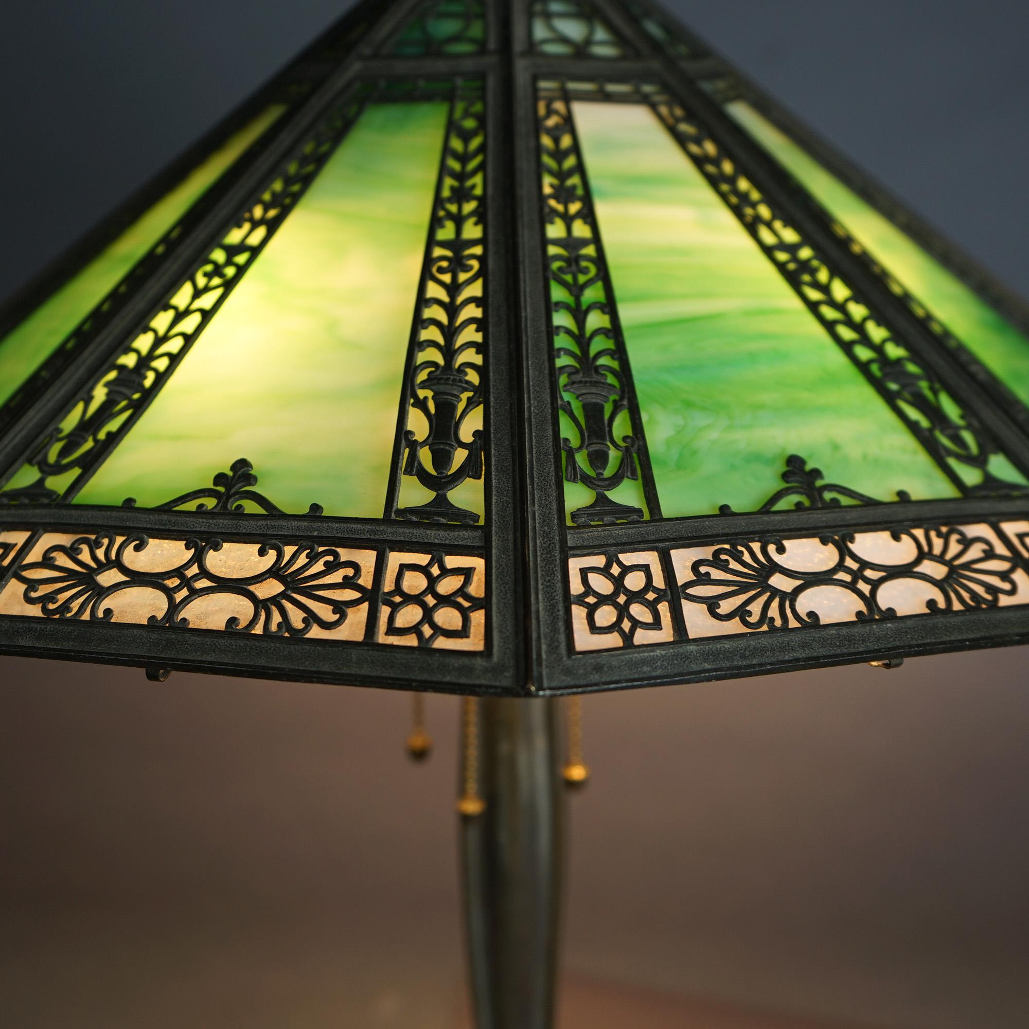 20th Century Bradley & Hubbard Signed Arts & Crafts Slag Glass 4-Light Panel Lamp C1920