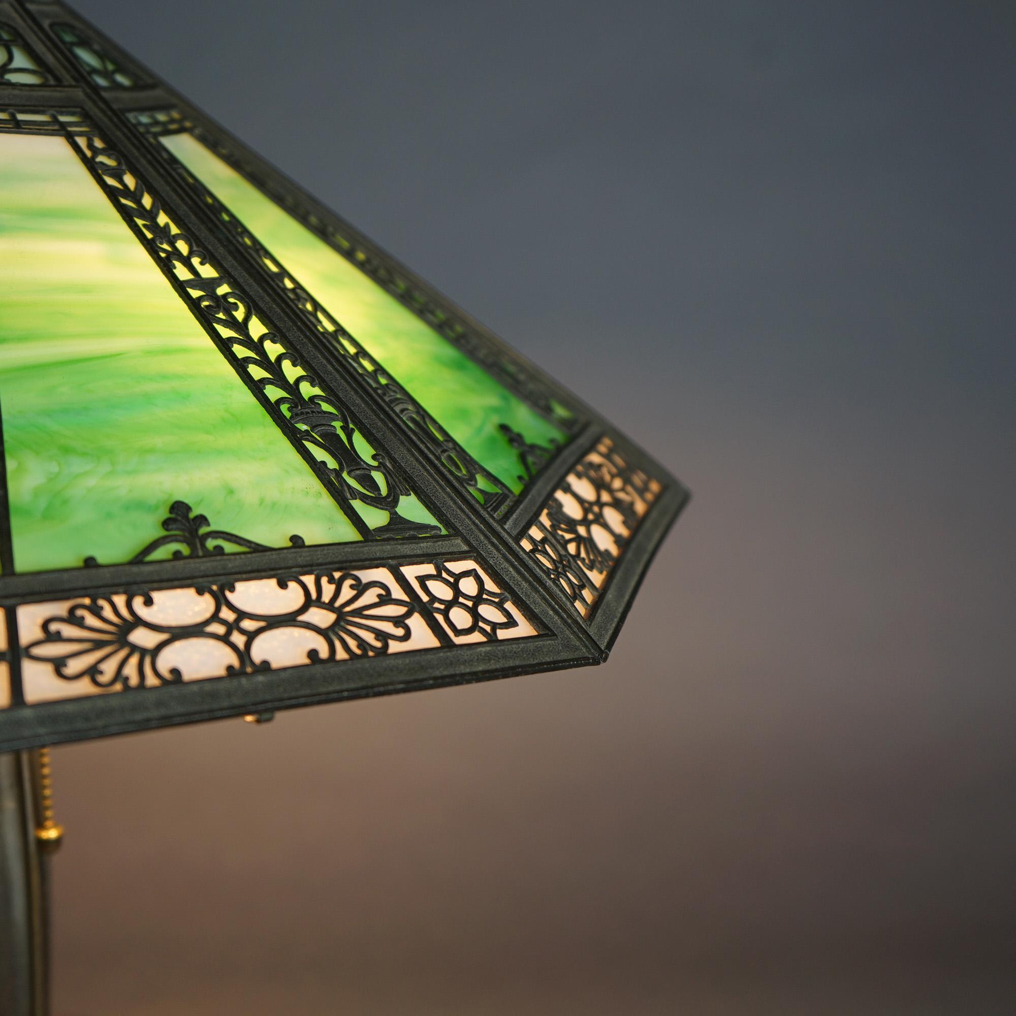 Bradley & Hubbard Signed Arts & Crafts Slag Glass 4-Light Panel Lamp C1920 2