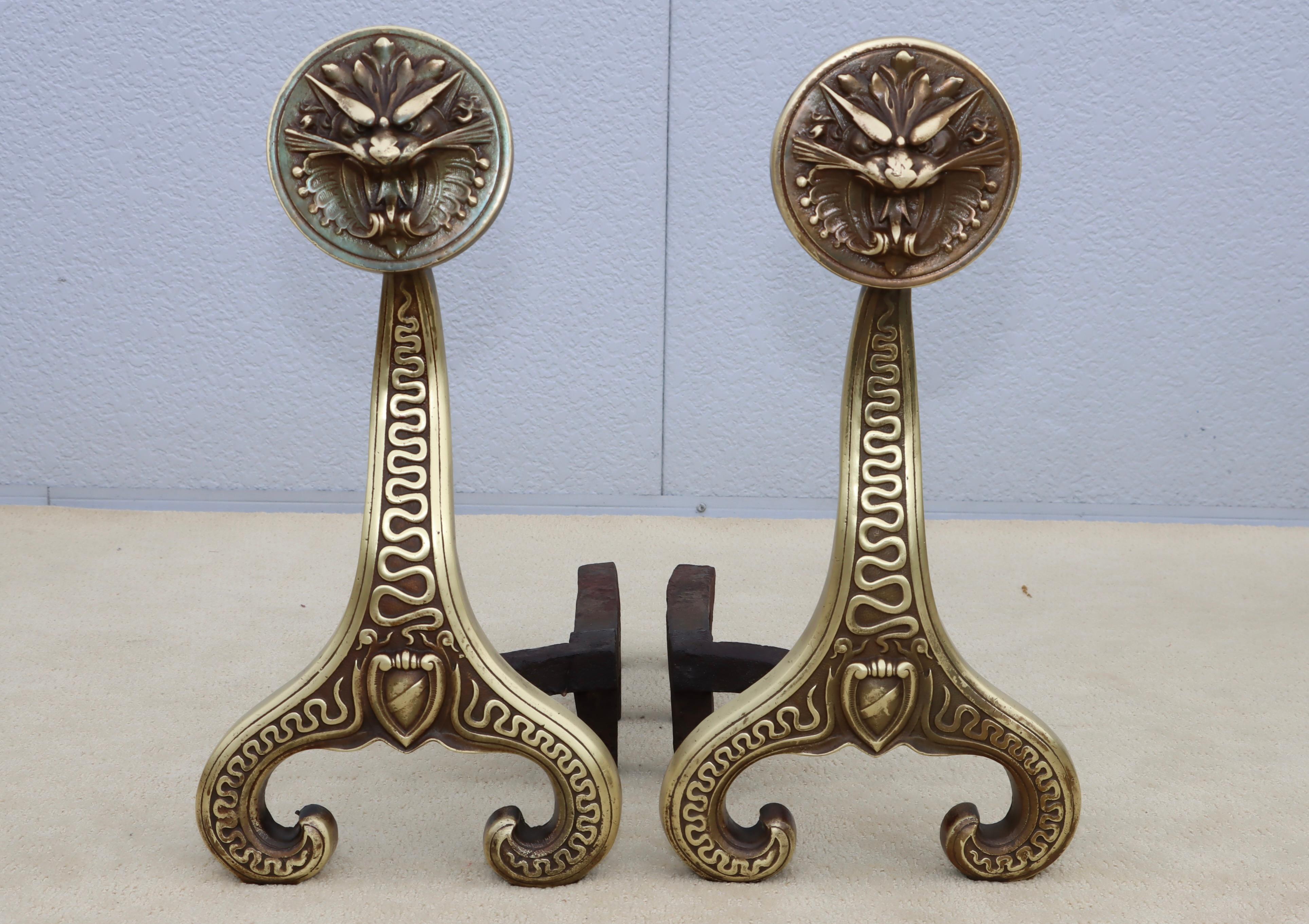 Bradley & Hubbard Solid Brass Dragon Fireplace Andirons  For Sale 4