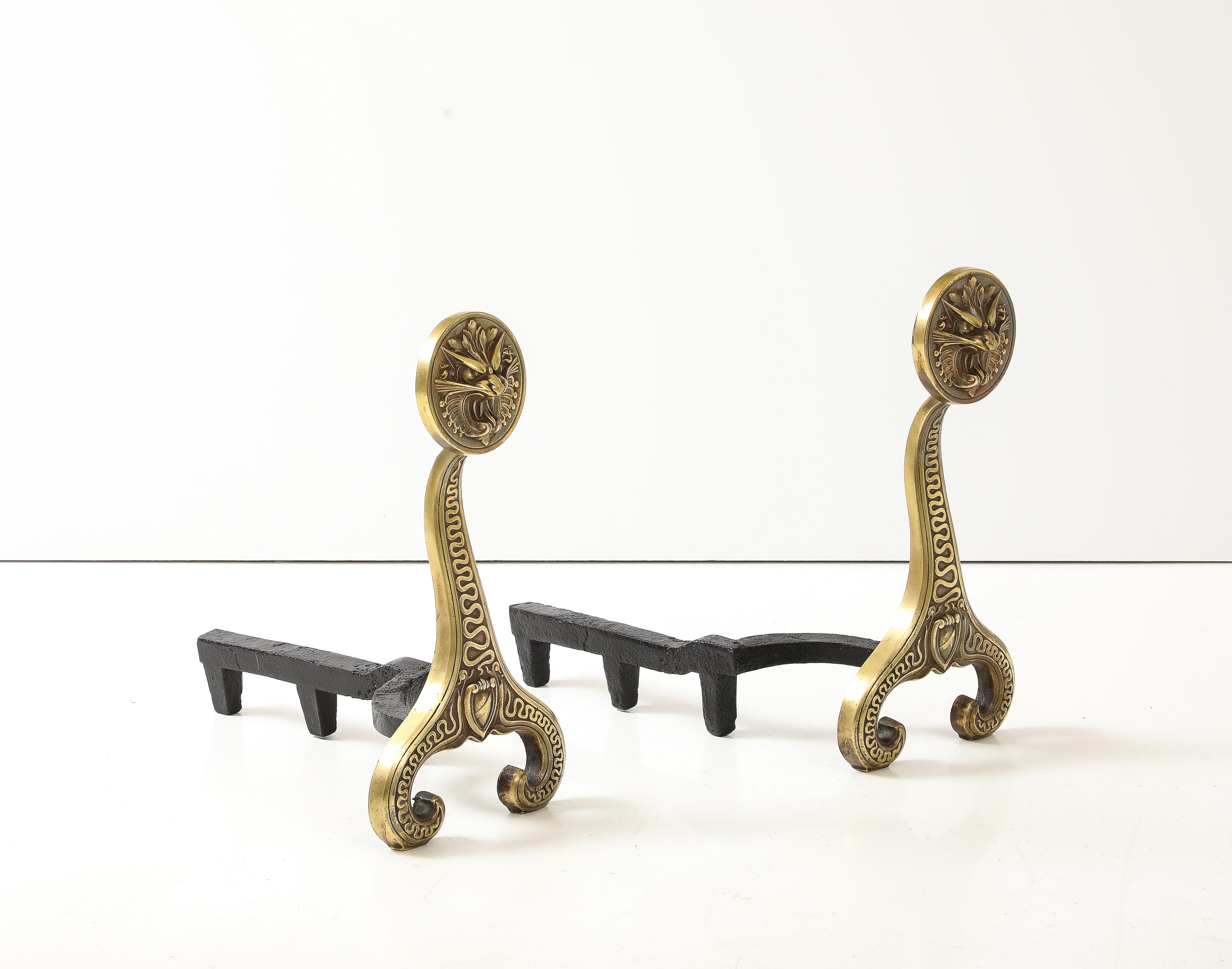 Bradley & Hubbard Solid Brass Dragon Fireplace Andirons For Sale 4