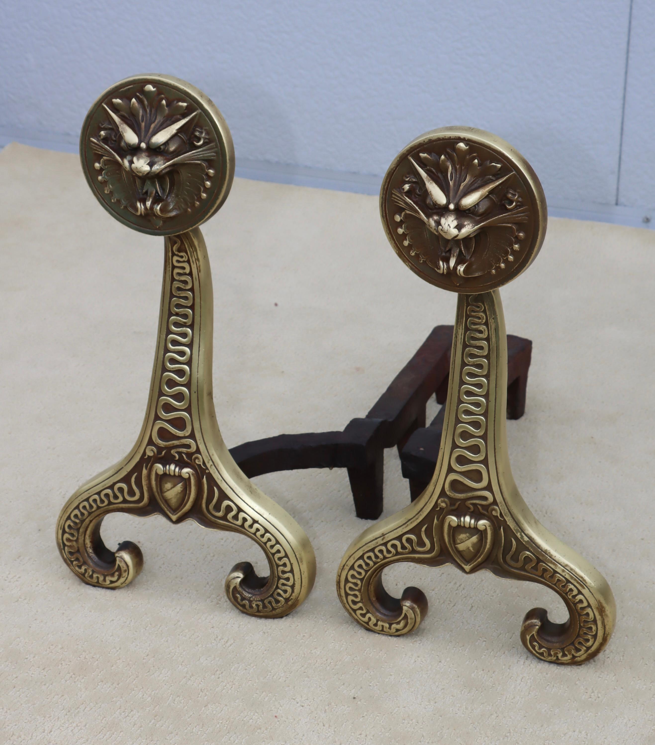 Bradley & Hubbard Solid Brass Dragon Fireplace Andirons  For Sale 6