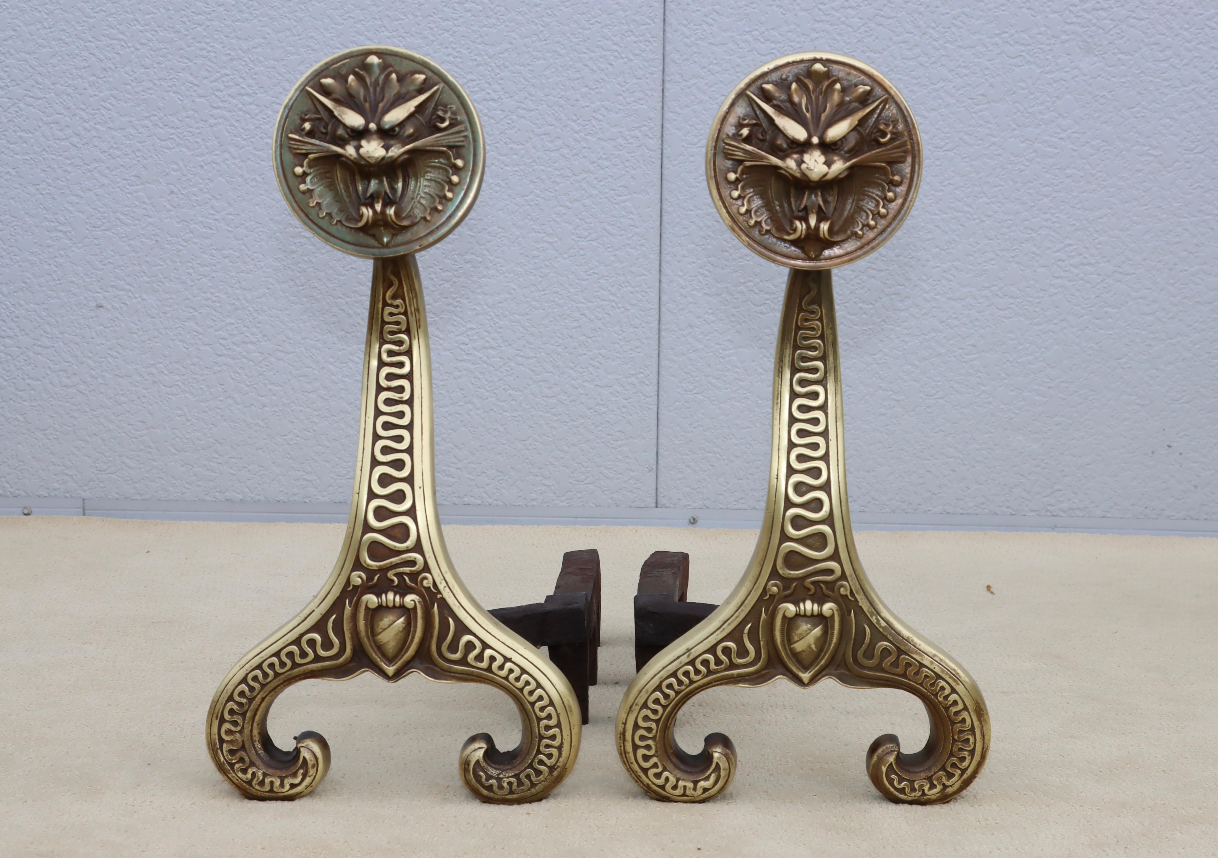 Bradley & Hubbard Solid Brass Dragon Fireplace Andirons  For Sale 7