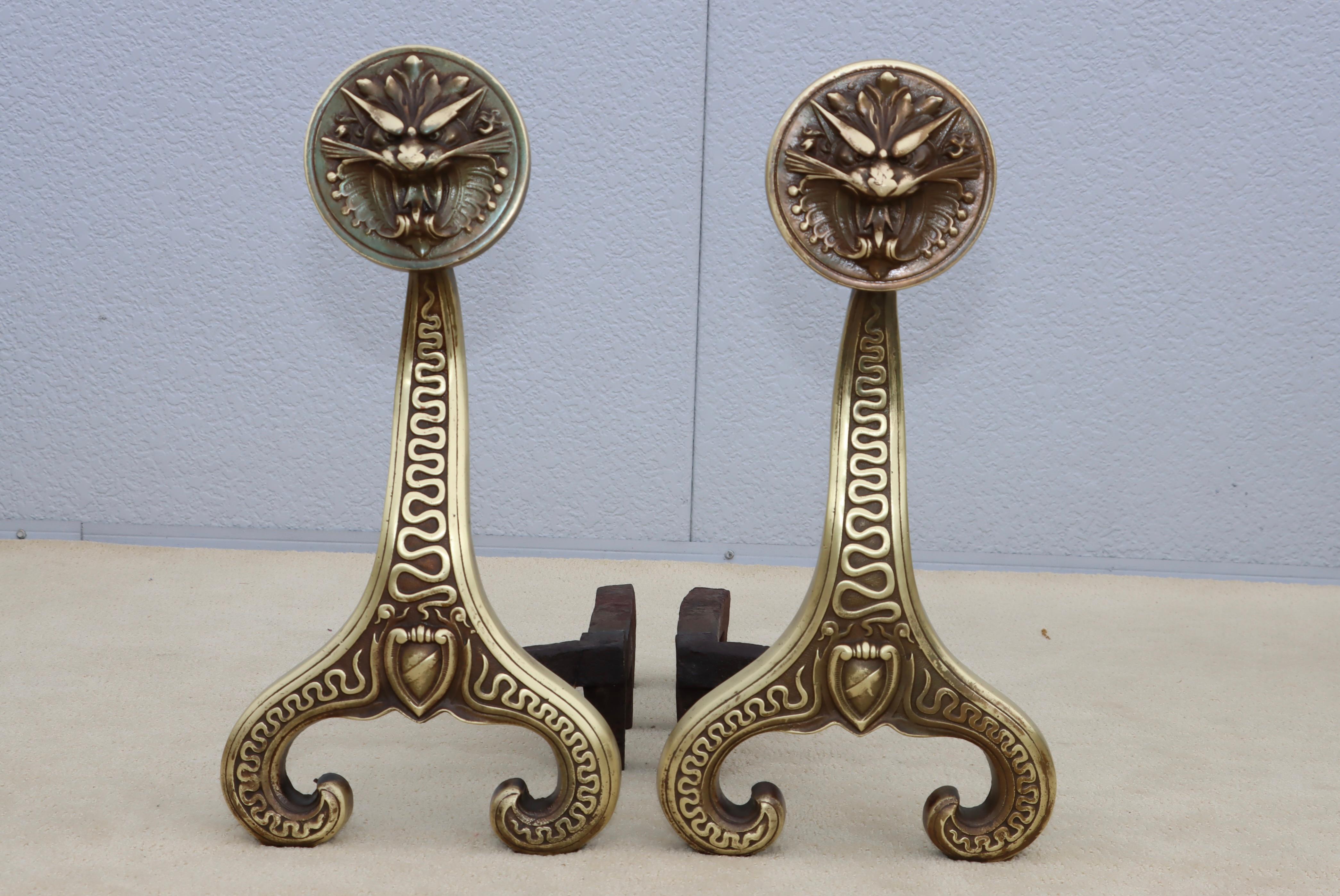 Bradley & Hubbard Solid Brass Dragon Fireplace Andirons  For Sale 11