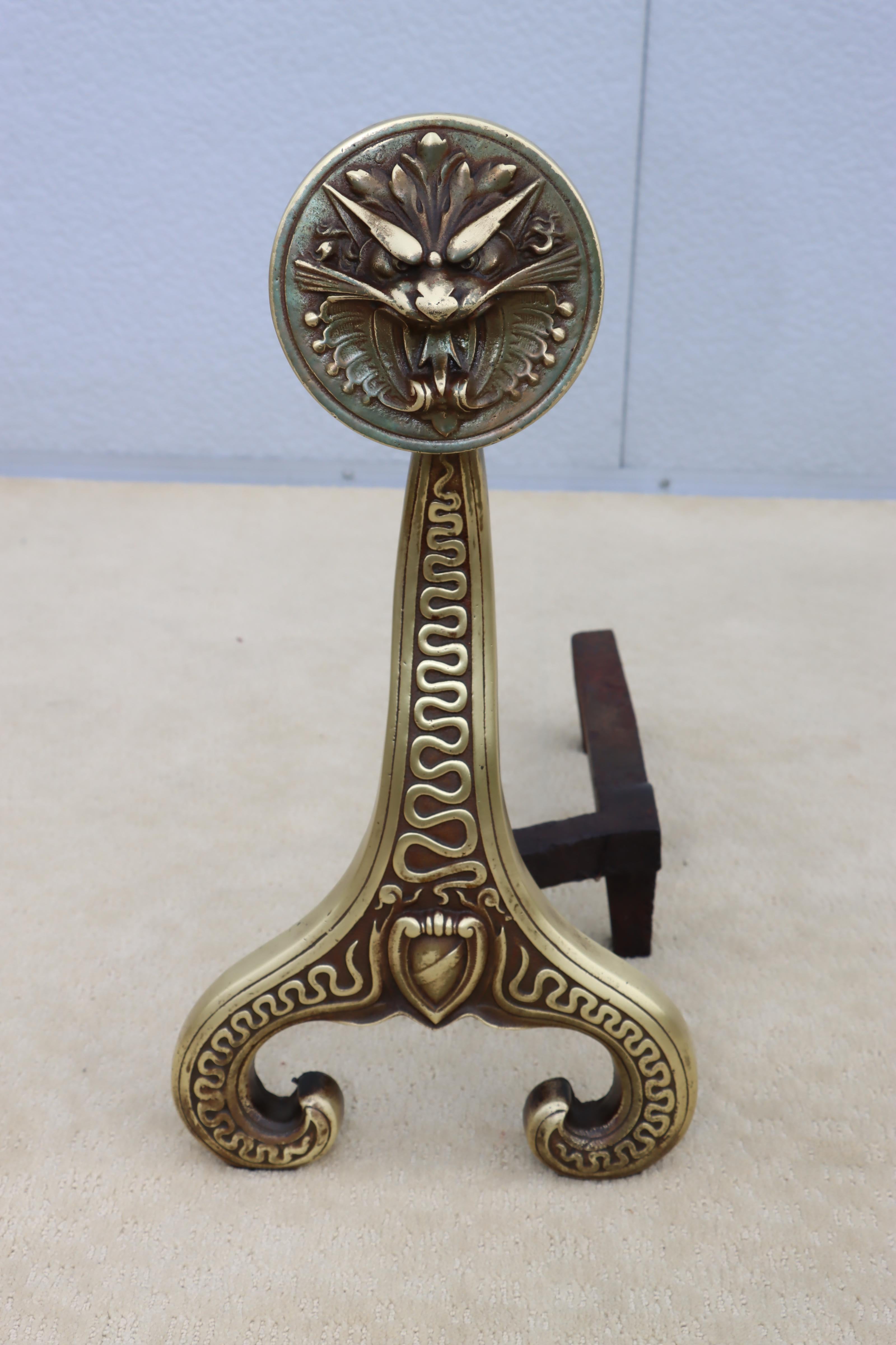 Bradley & Hubbard Solid Brass Dragon Fireplace Andirons  For Sale 14