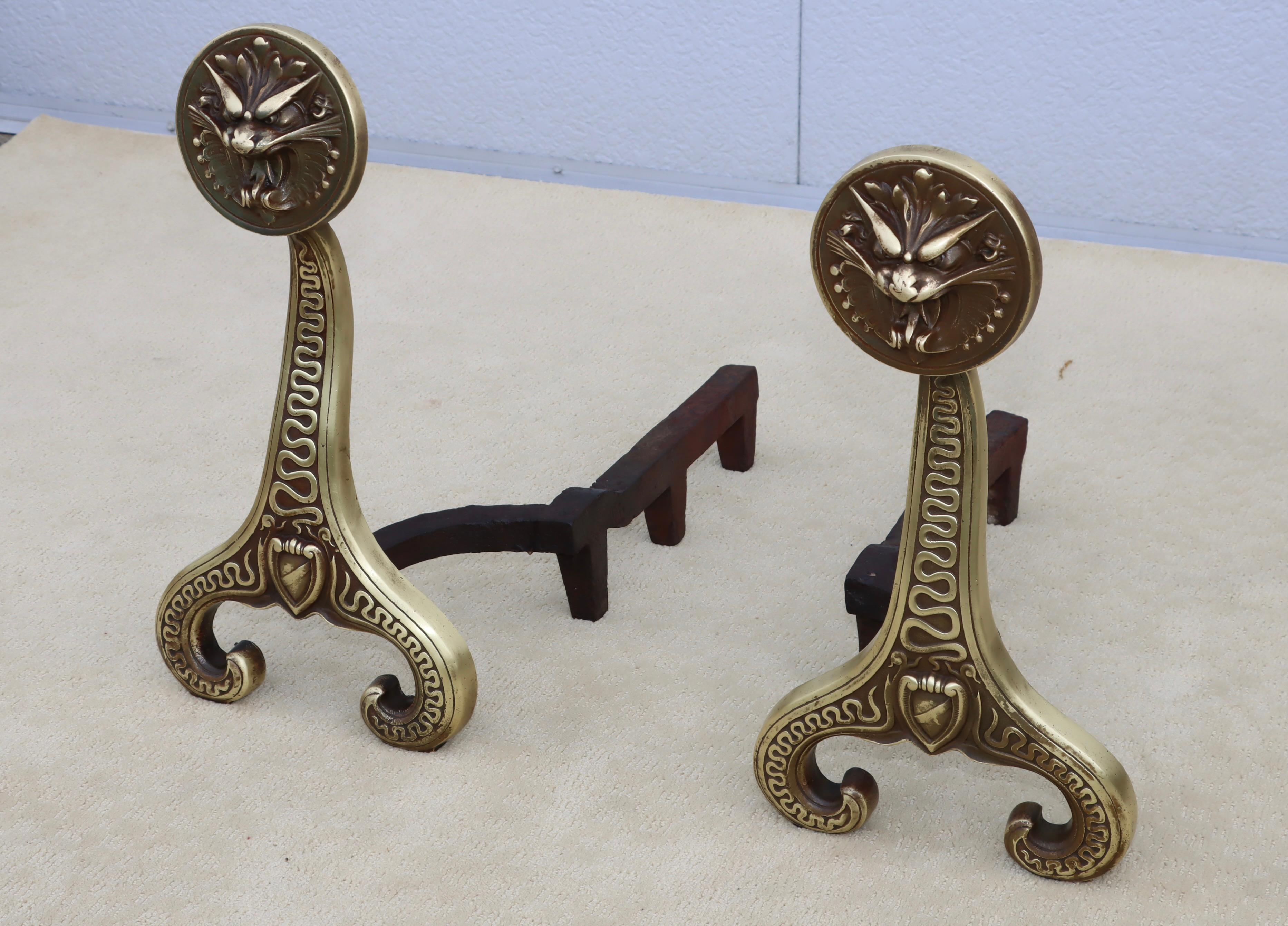 Victorian Bradley & Hubbard Solid Brass Dragon Fireplace Andirons  For Sale
