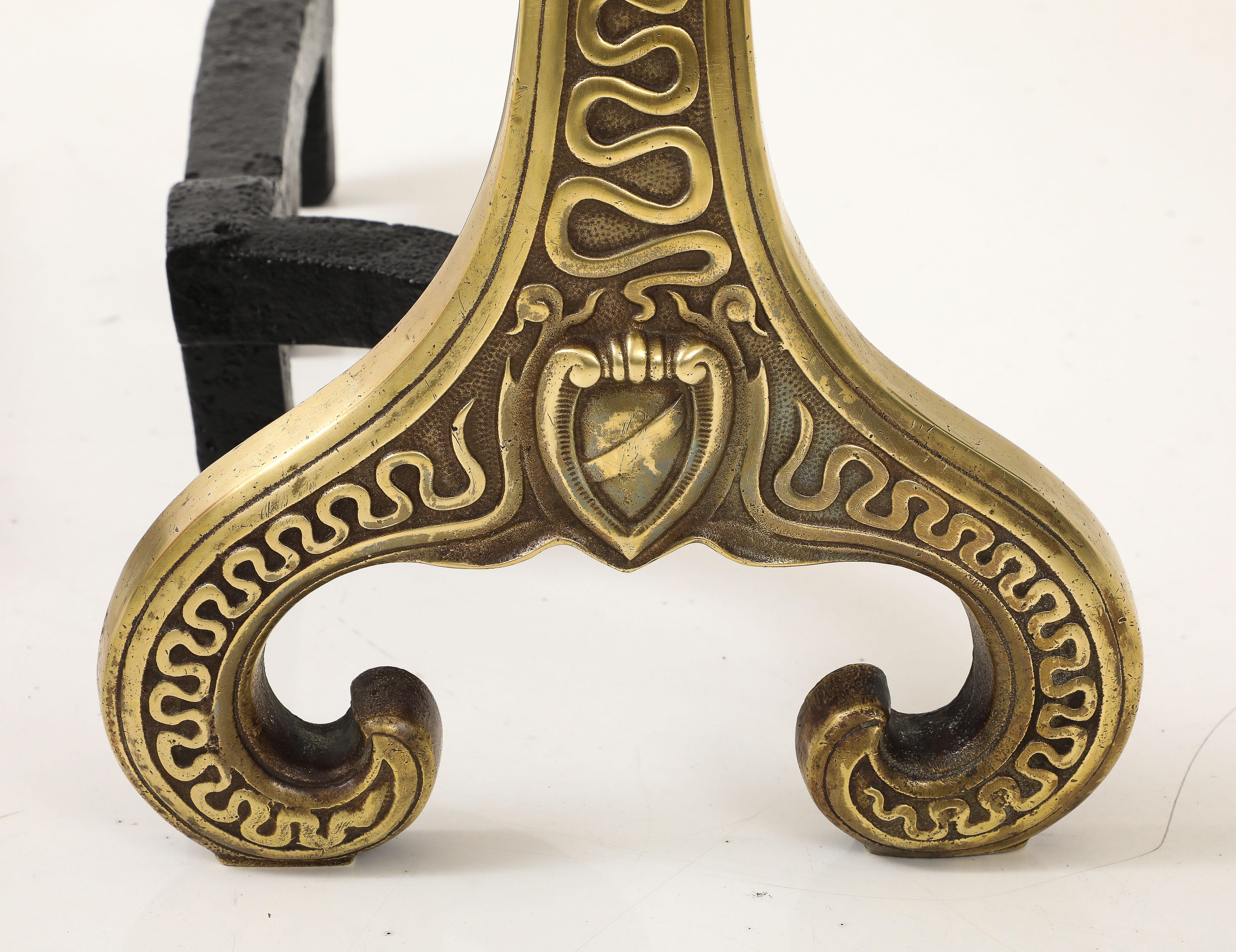 Victorian Bradley & Hubbard Solid Brass Dragon Fireplace Andirons For Sale