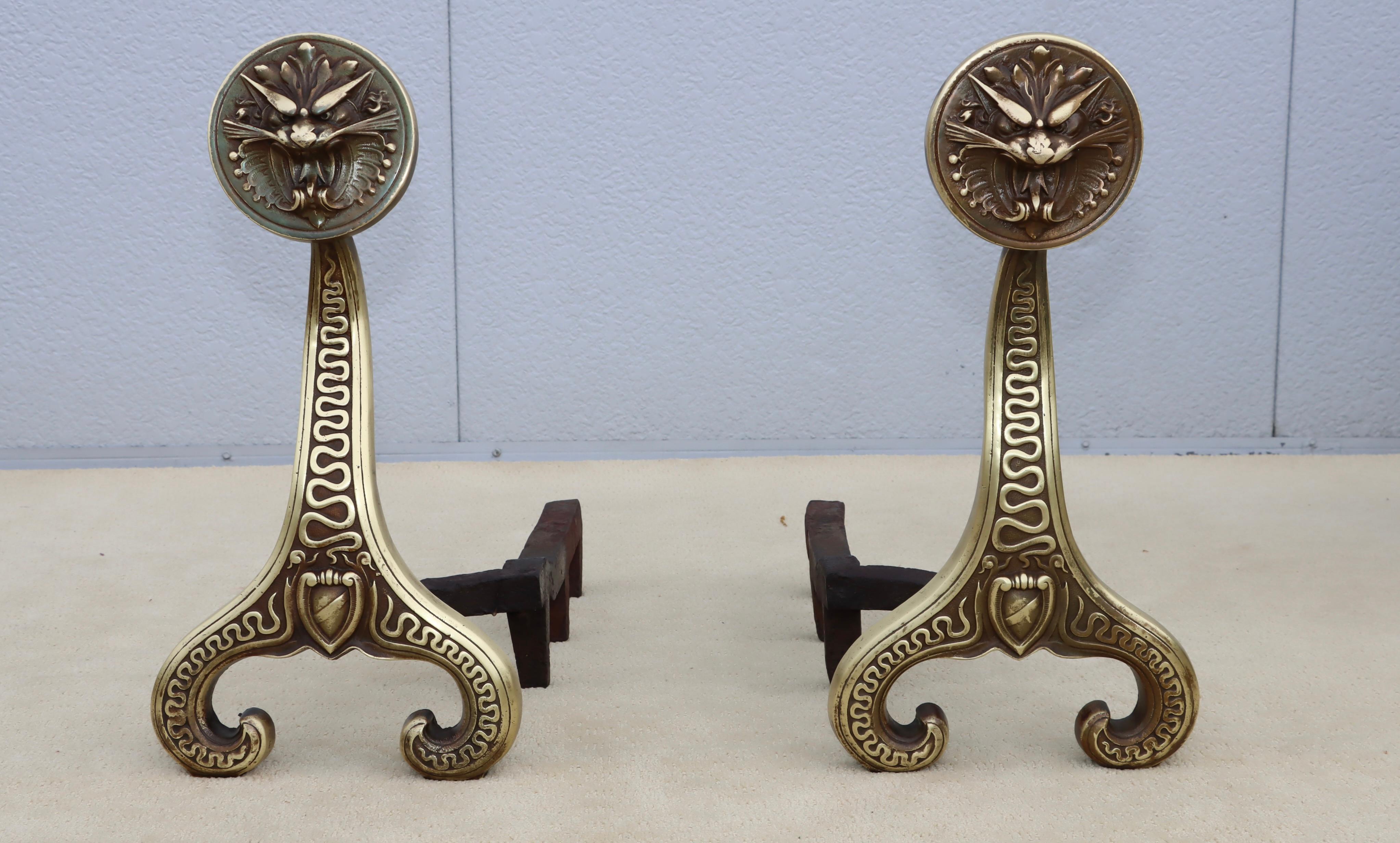 American Bradley & Hubbard Solid Brass Dragon Fireplace Andirons  For Sale