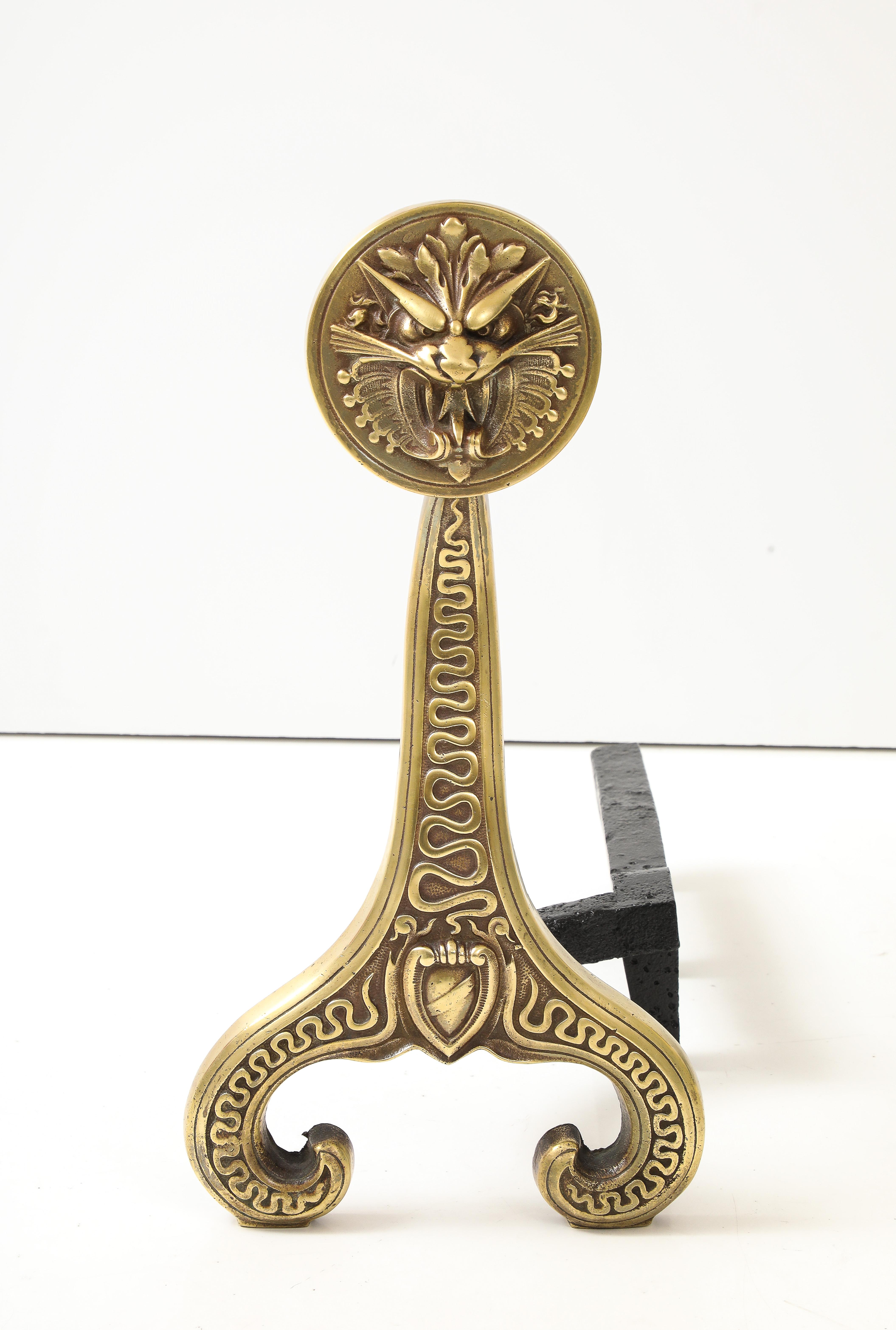 American Bradley & Hubbard Solid Brass Dragon Fireplace Andirons For Sale