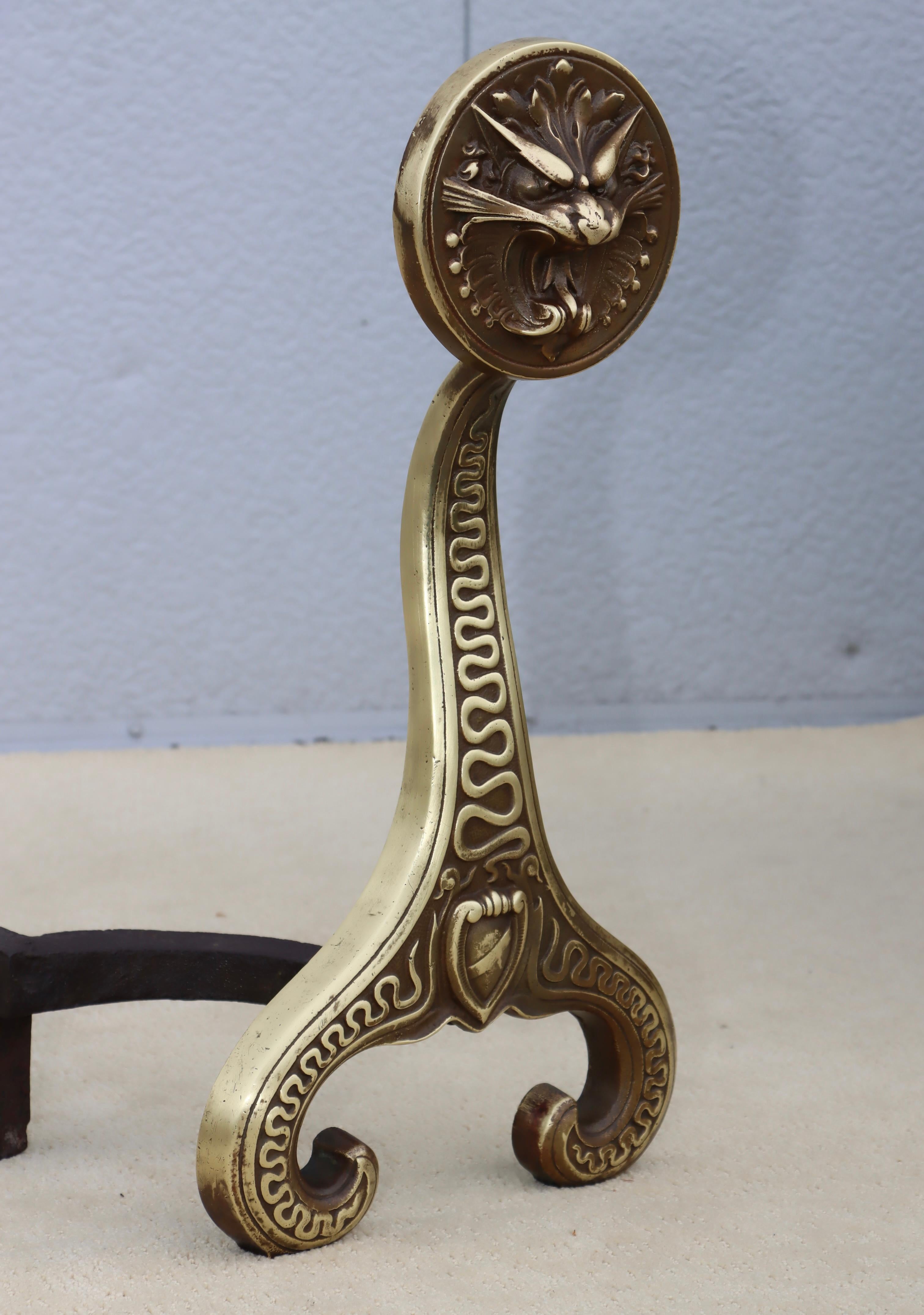 Bradley & Hubbard Solid Brass Dragon Fireplace Andirons  In Good Condition For Sale In New York, NY