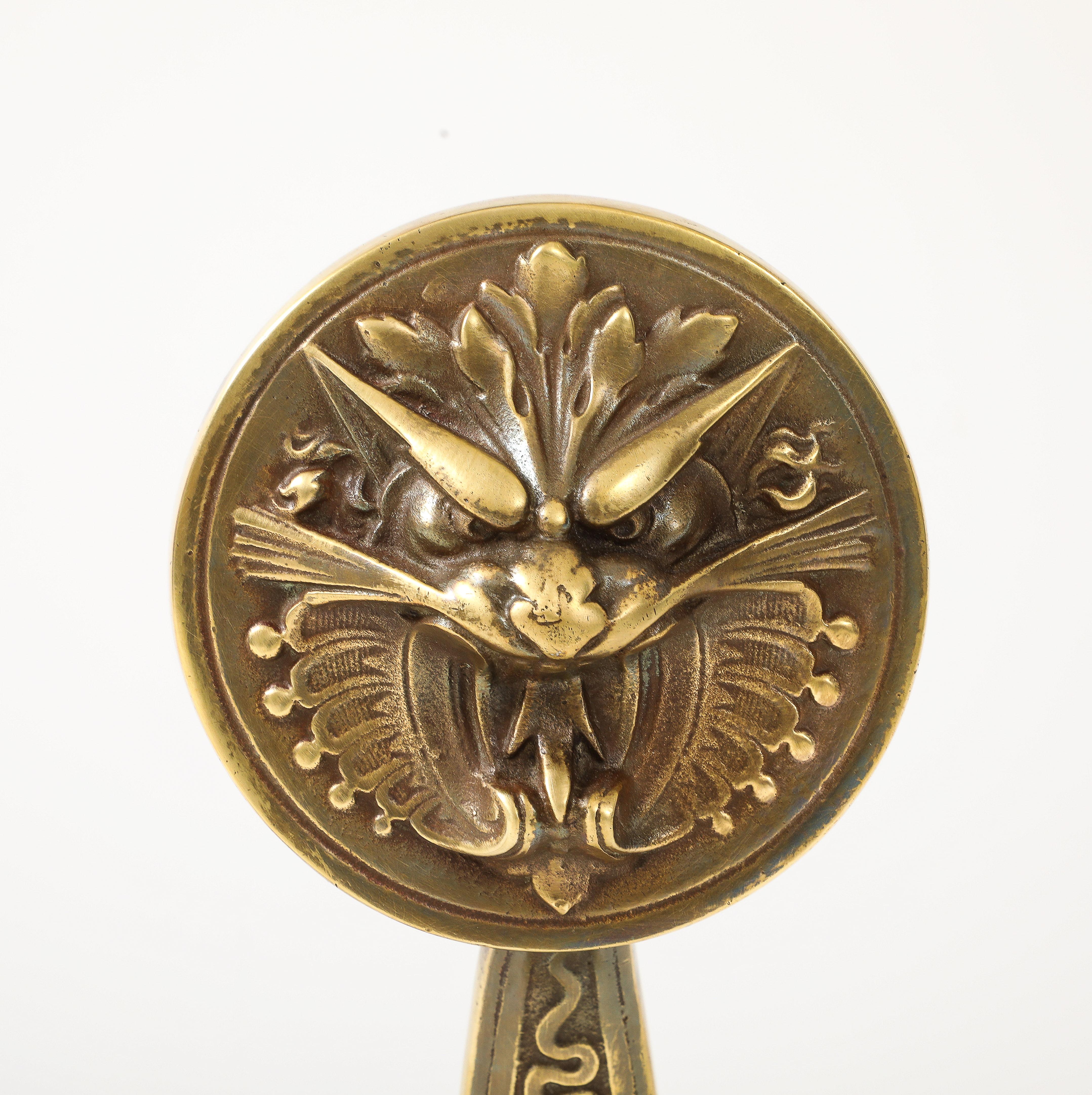 Late 19th Century Bradley & Hubbard Solid Brass Dragon Fireplace Andirons For Sale
