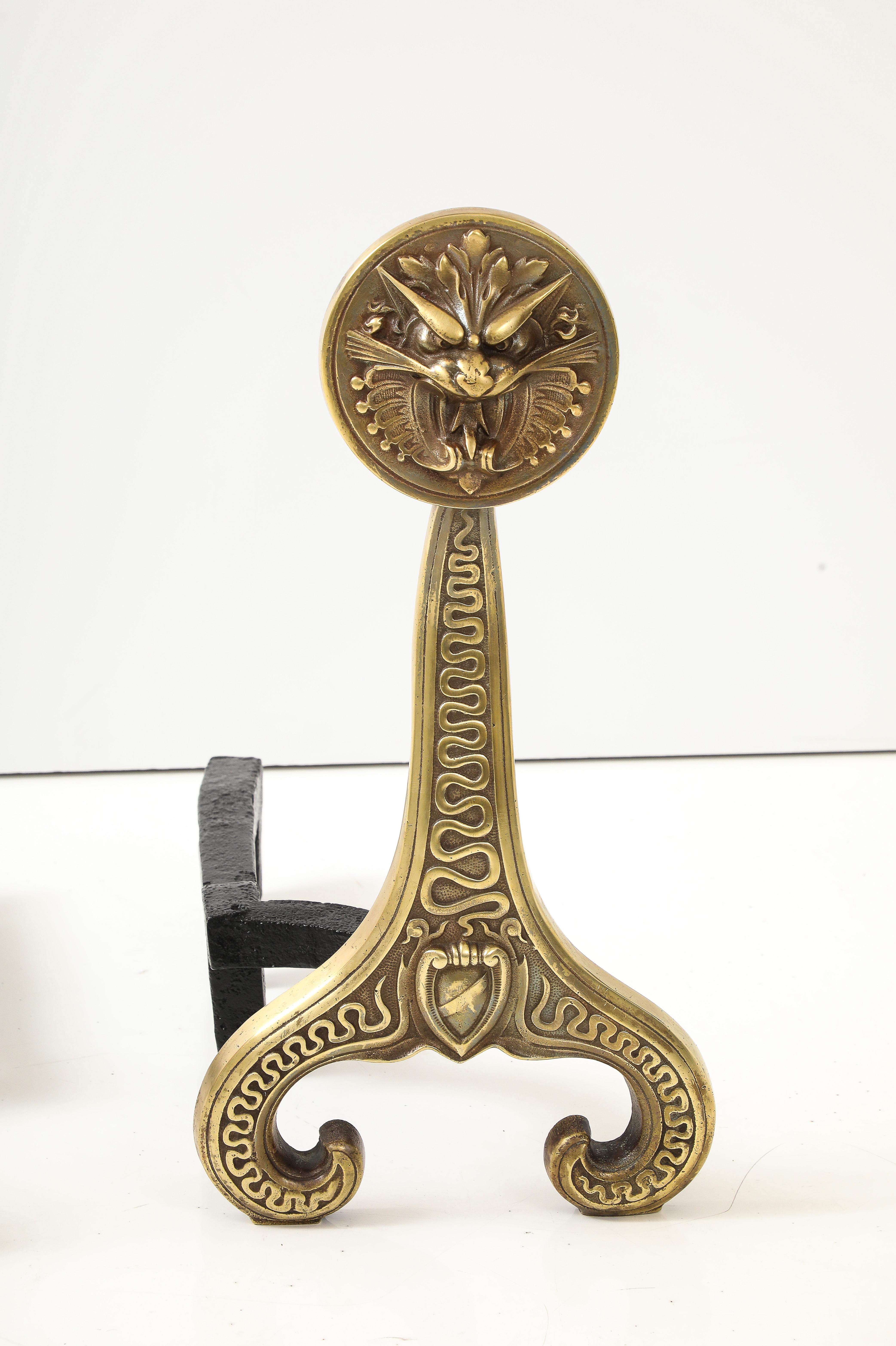 Bradley & Hubbard Solid Brass Dragon Fireplace Andirons For Sale 3
