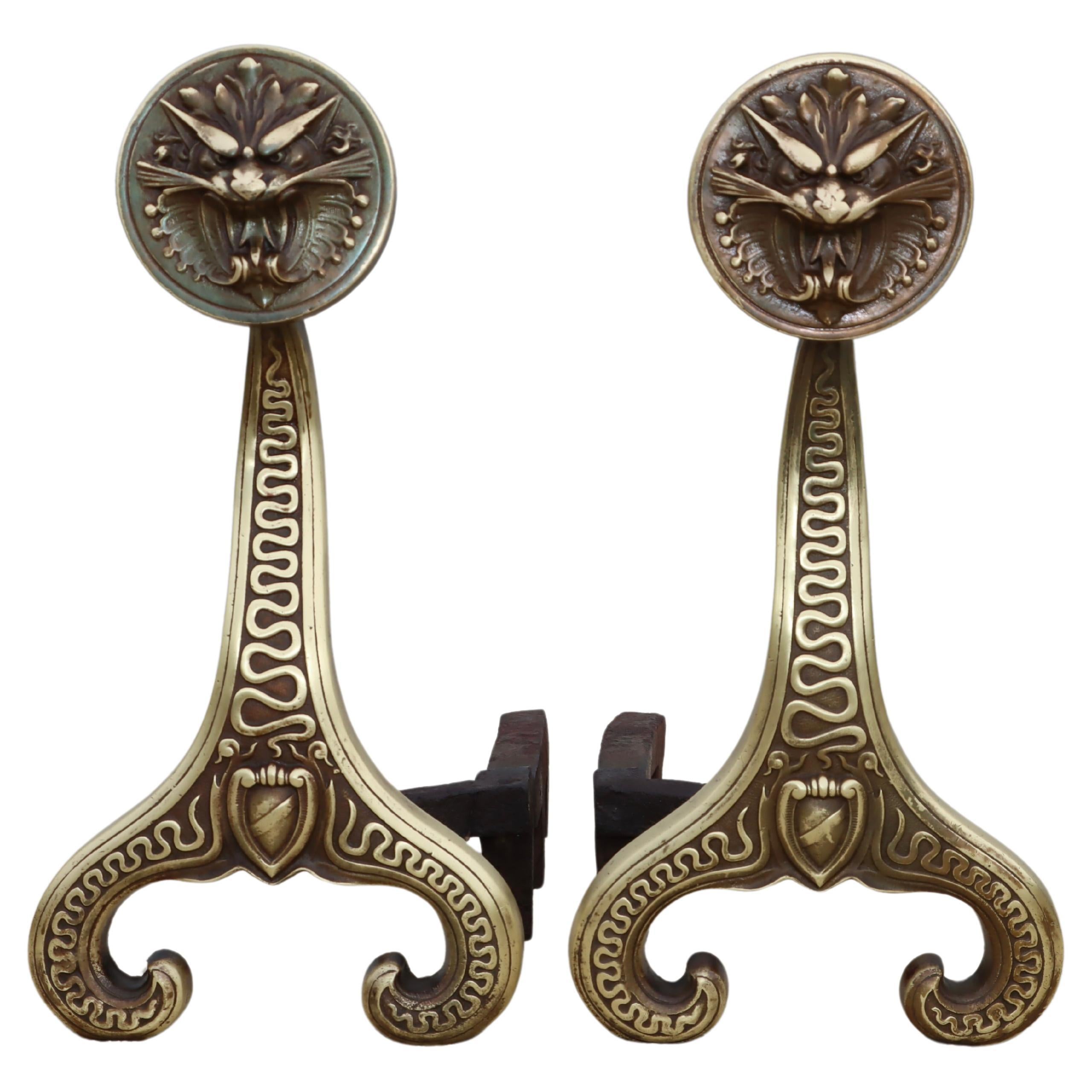 Bradley & Hubbard Solid Brass Dragon Fireplace Andirons  For Sale