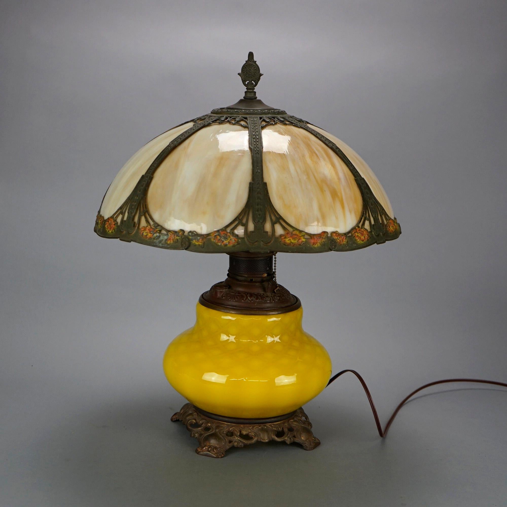 Arts and Crafts Bradley & Hubbard Style Arts & Crafts Lamp, Lemon Quilt Base & Polychrome Shade