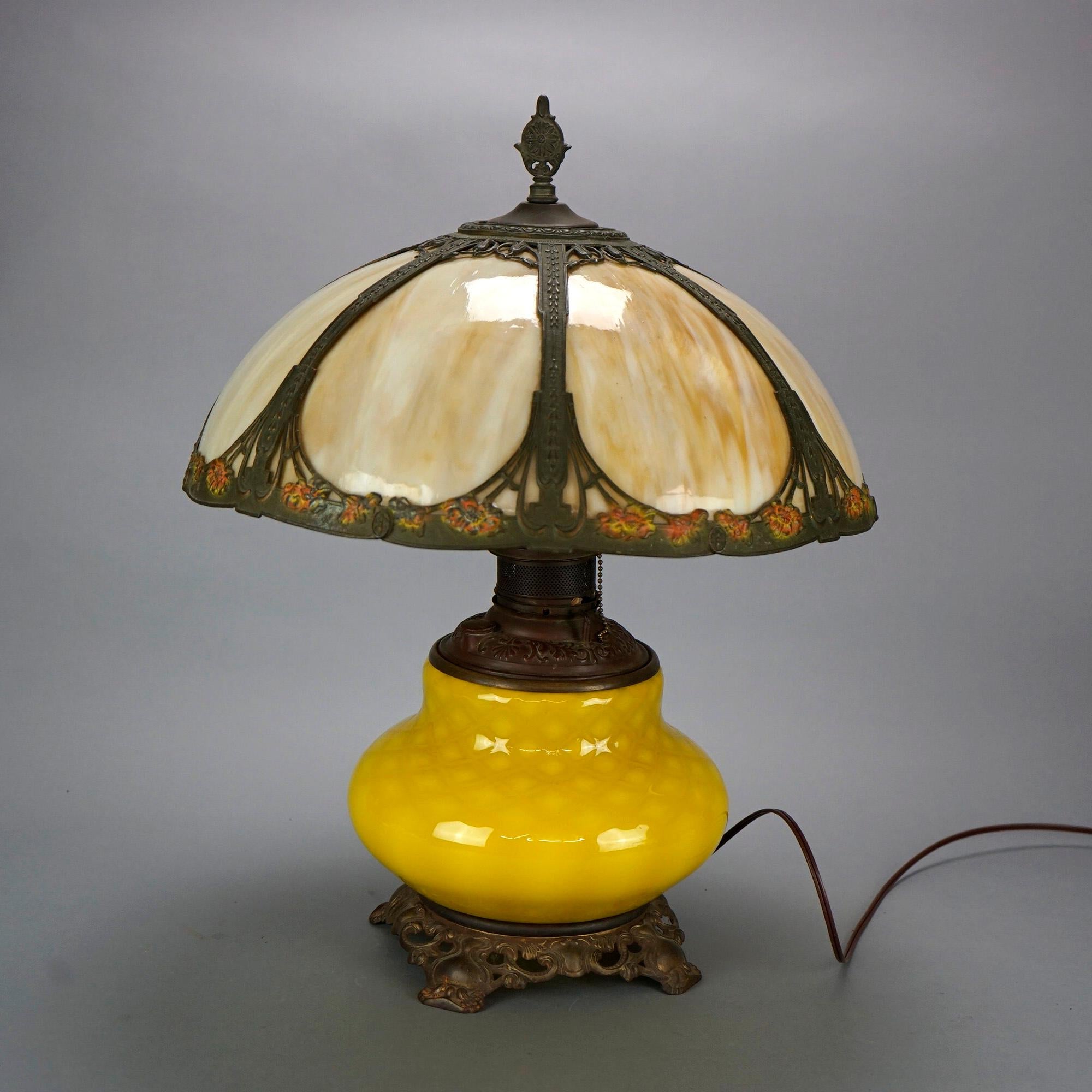 American Bradley & Hubbard Style Arts & Crafts Lamp, Lemon Quilt Base & Polychrome Shade