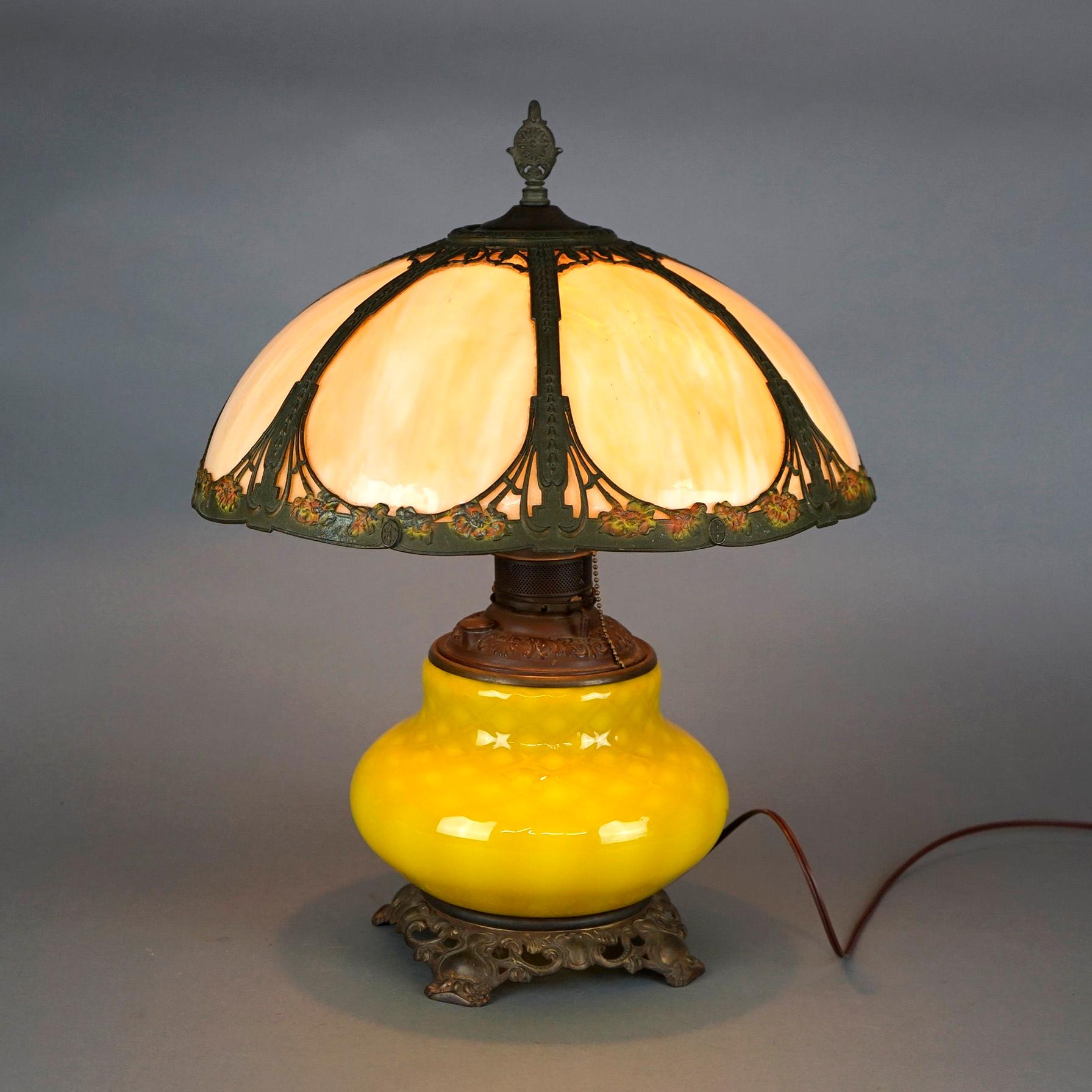 Bradley & Hubbard Style Arts & Crafts Lamp, Lemon Quilt Base & Polychrome Shade In Good Condition In Big Flats, NY