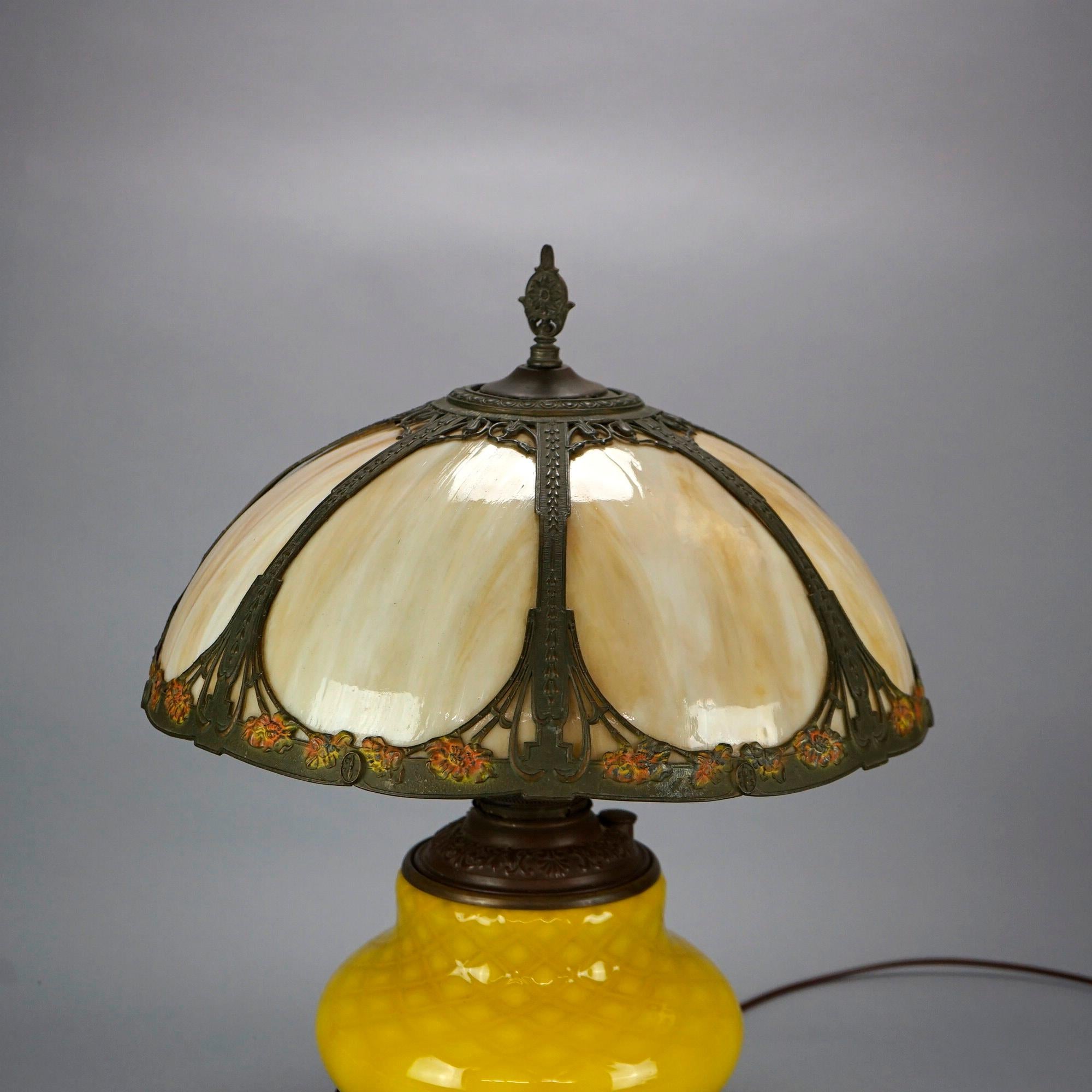20th Century Bradley & Hubbard Style Arts & Crafts Lamp, Lemon Quilt Base & Polychrome Shade