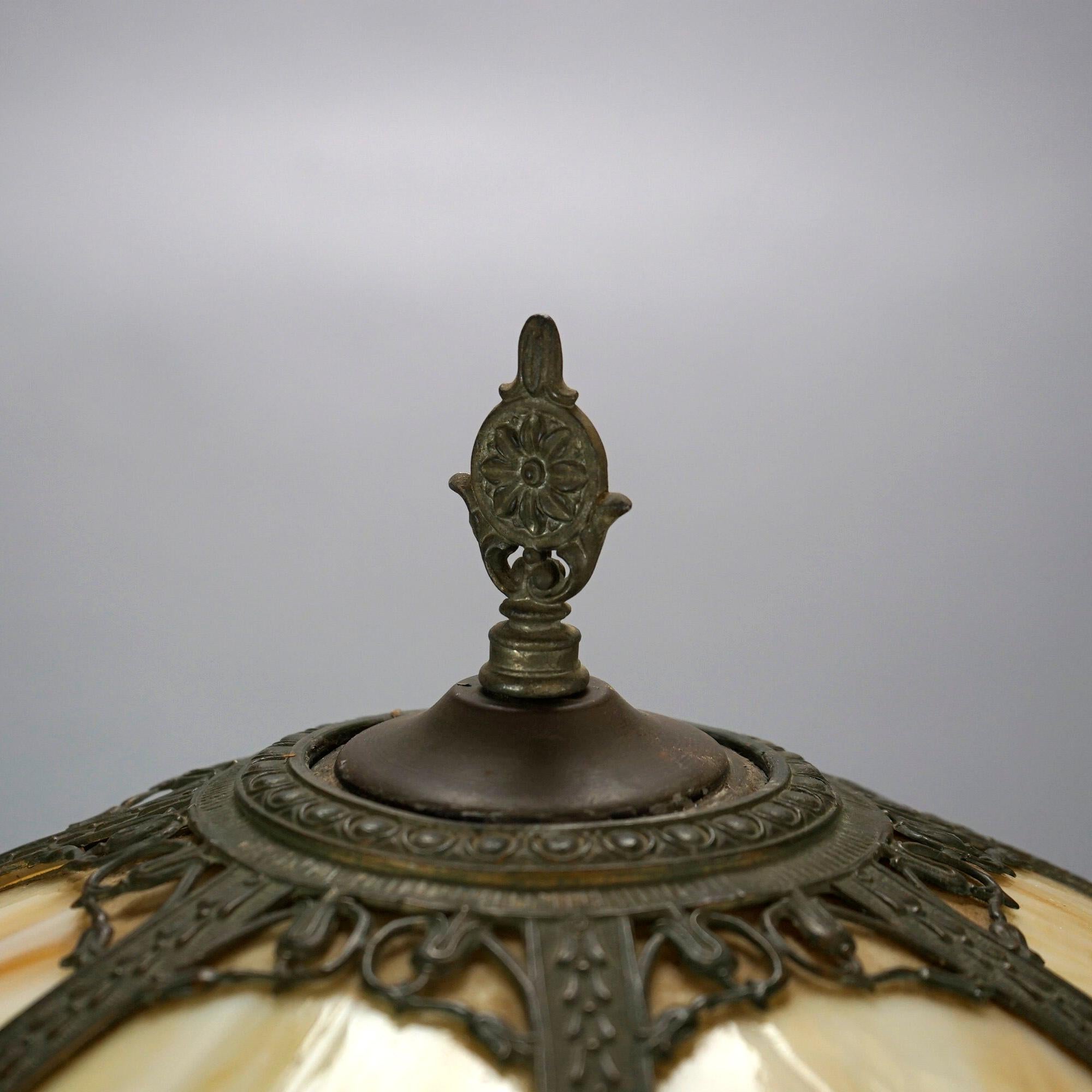 Art Glass Bradley & Hubbard Style Arts & Crafts Lamp, Lemon Quilt Base & Polychrome Shade