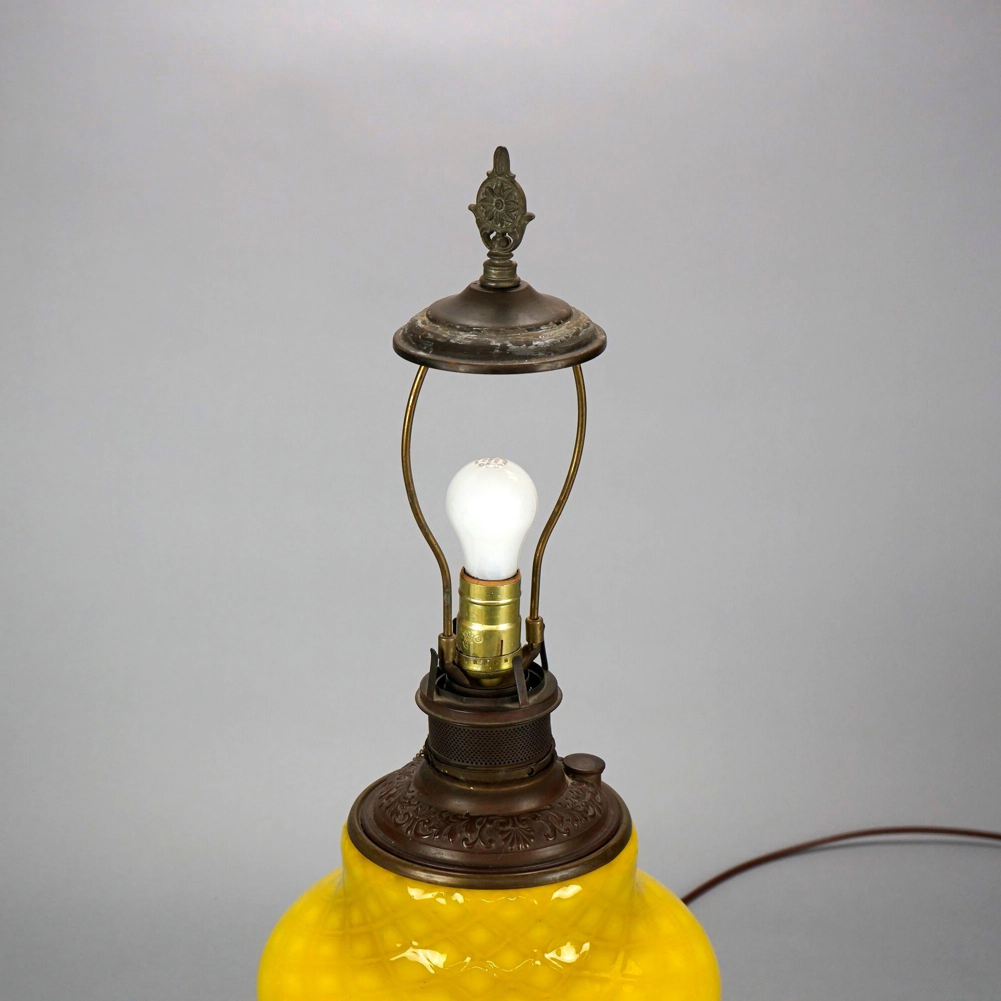 Bradley & Hubbard Style Arts & Crafts Lamp, Lemon Quilt Base & Polychrome Shade 2