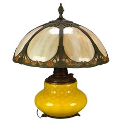 Bradley & Hubbard Style Arts & Crafts Lamp, Lemon Quilt Base & Polychrome Shade