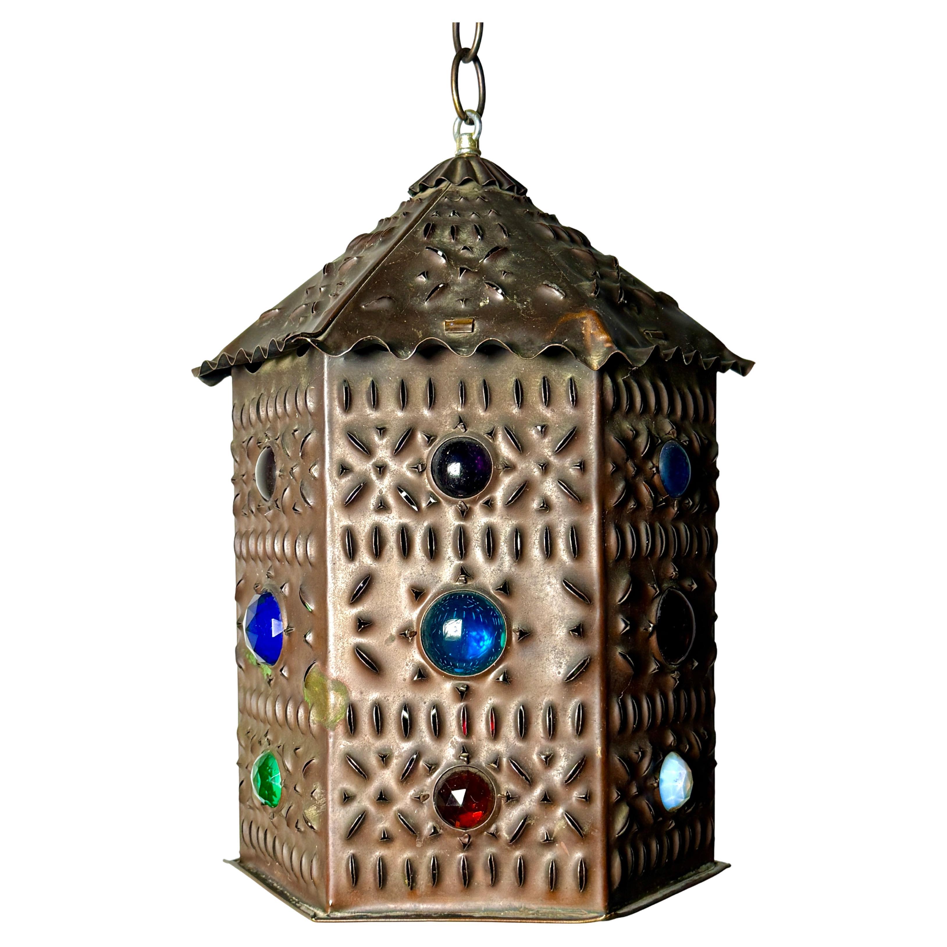 Bradley 
Hubbard Style Pierced Brass Jeweled Hanging Lantern Aesthetic Movement