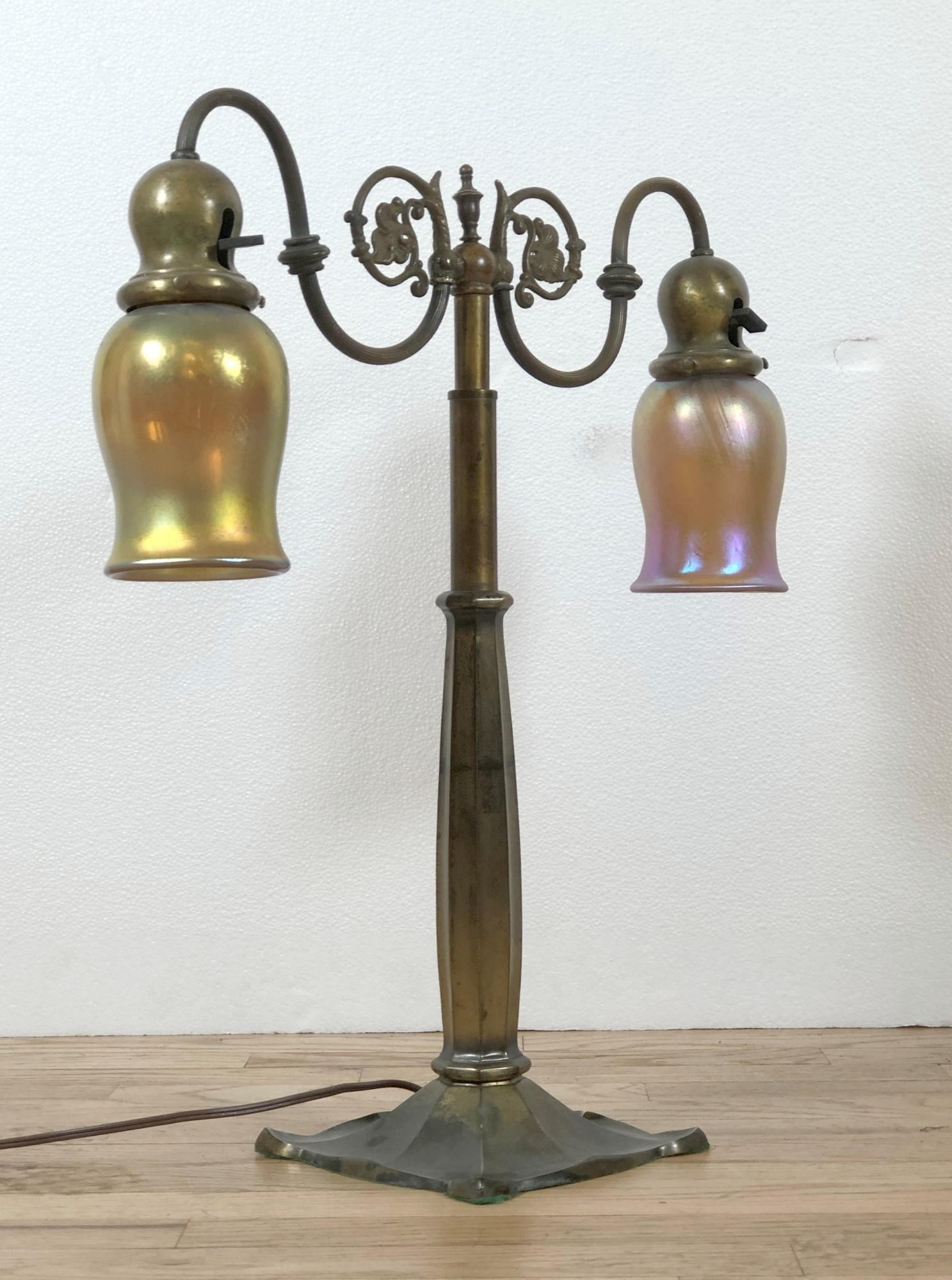 20th Century Bradley & Hubbard Table Lamp W/ 2-Arms and Iridescent Art Glass Shades