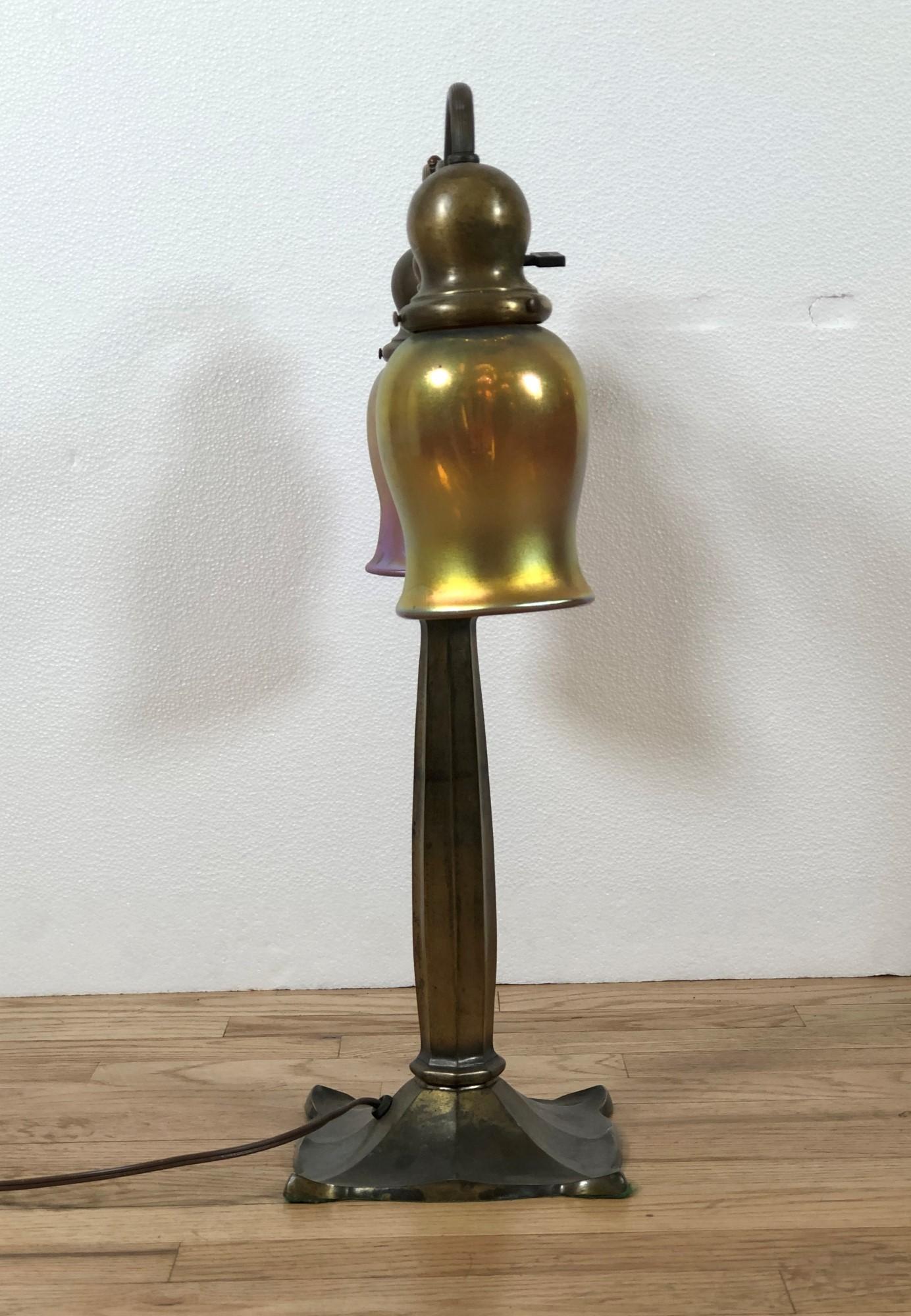 Metal Bradley & Hubbard Table Lamp W/ 2-Arms and Iridescent Art Glass Shades
