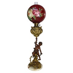 Bradley & Hubbard Victorian Brass, Bronze, Marble & Glass Figural Oil Lamp 19thC